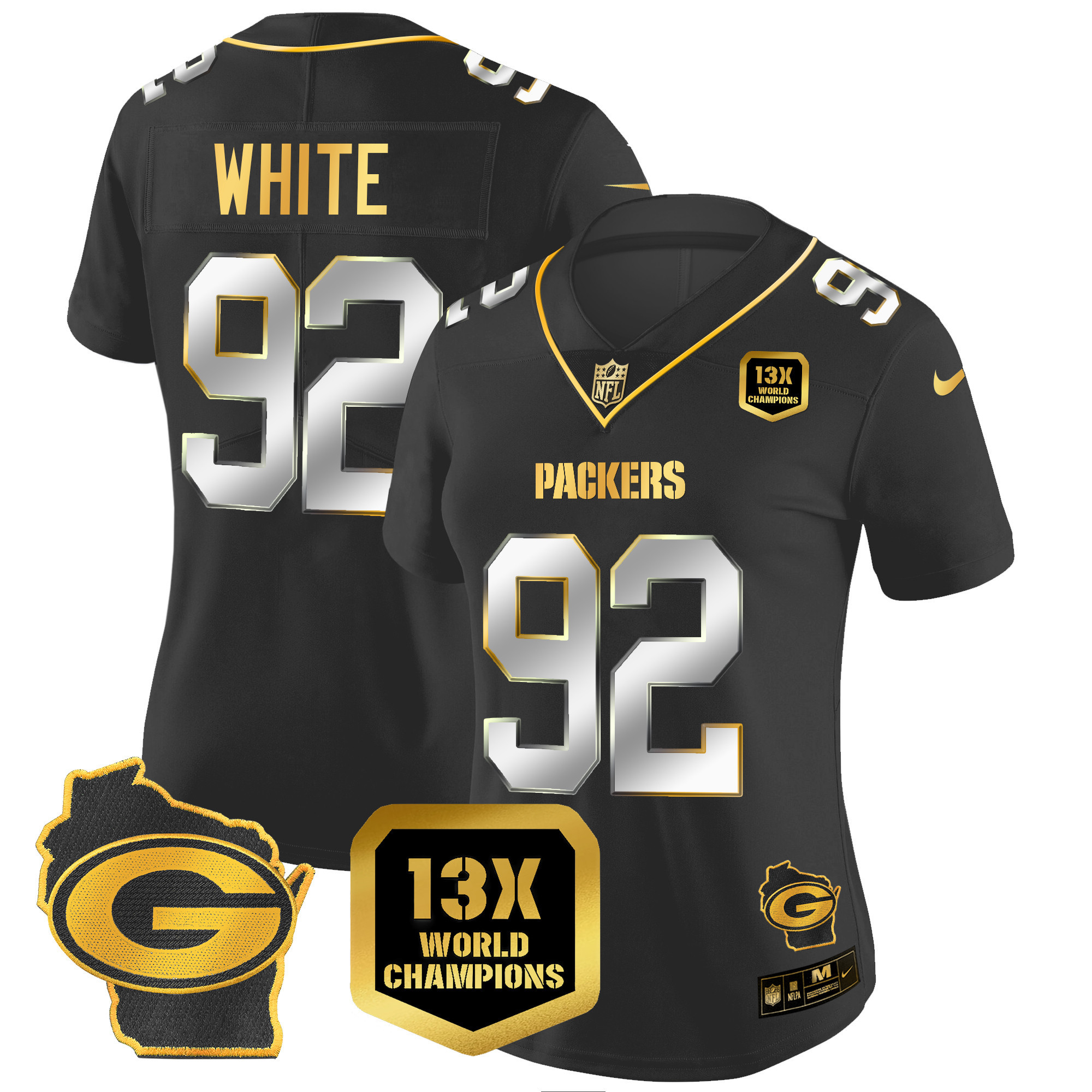 Reggie White Women's Green Bay Packers 13 Time World Champions & Home Patch Gold Vapor Jersey V2 Ã¯Â¿Â½ All Stitched Black Limited Jersey - All Stitched