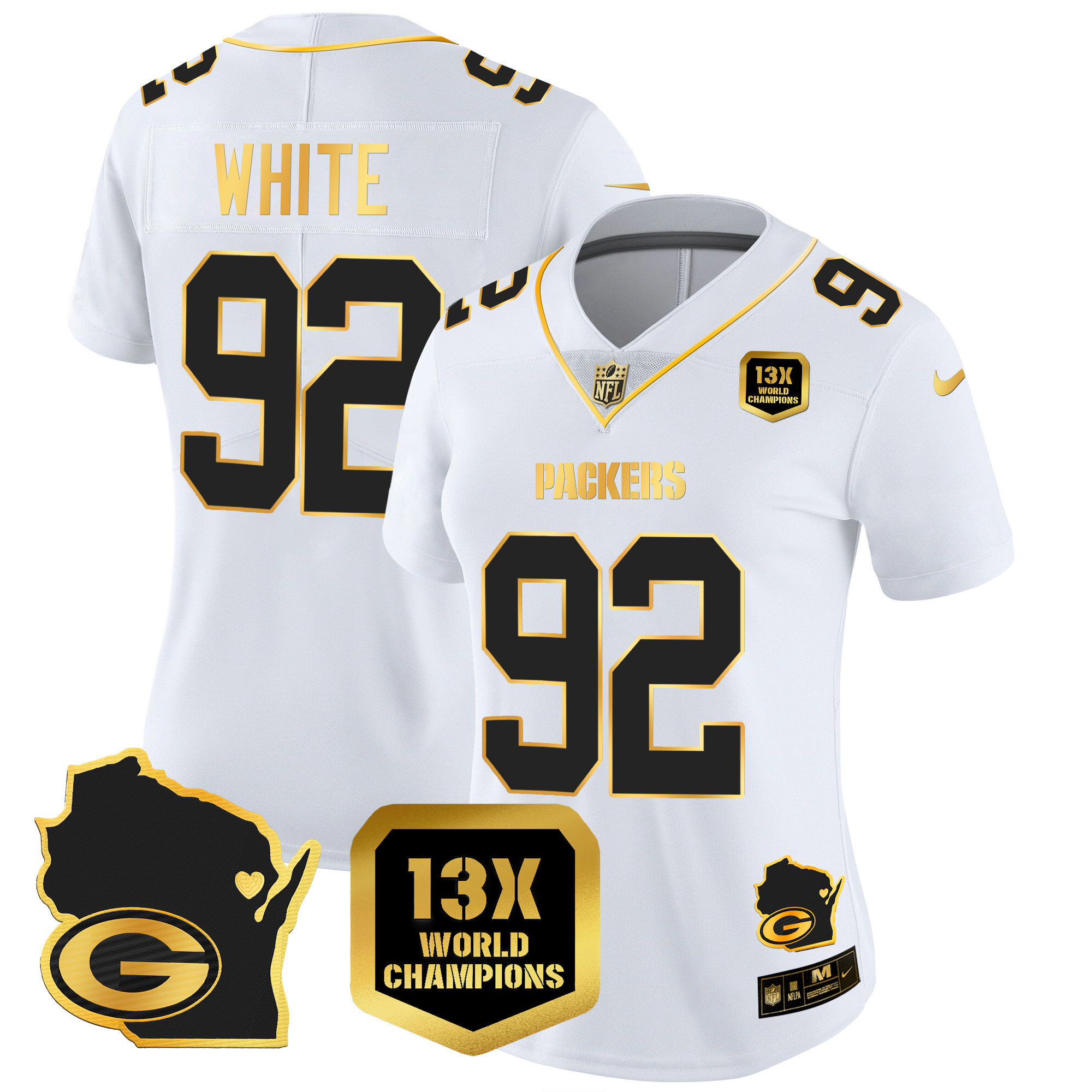 Reggie White Women's Green Bay Packers 13 Time World Champions & Home Patch Gold Vapor Jersey V2 Ã¯Â¿Â½ All Stitched White Gold Jersey - All Stitched