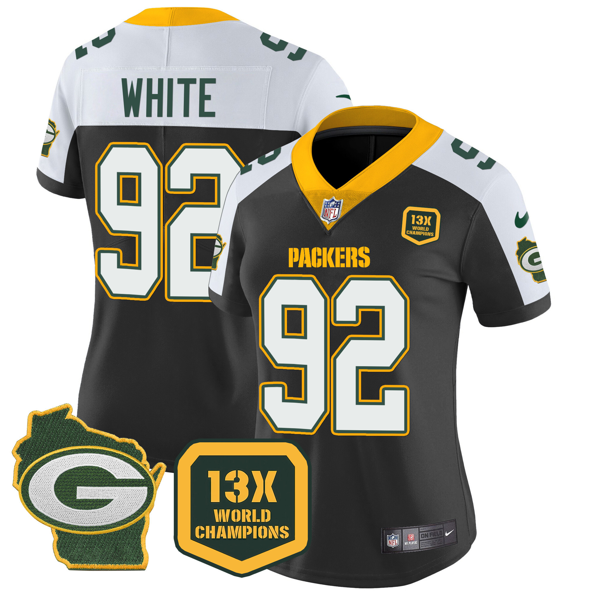 Reggie White Women's Green Bay Packers 13 Time World Champions & Home Patch Vapor Jersey Ã¯Â¿Â½ All Stitched Black Alternate Jersey - All Stitched