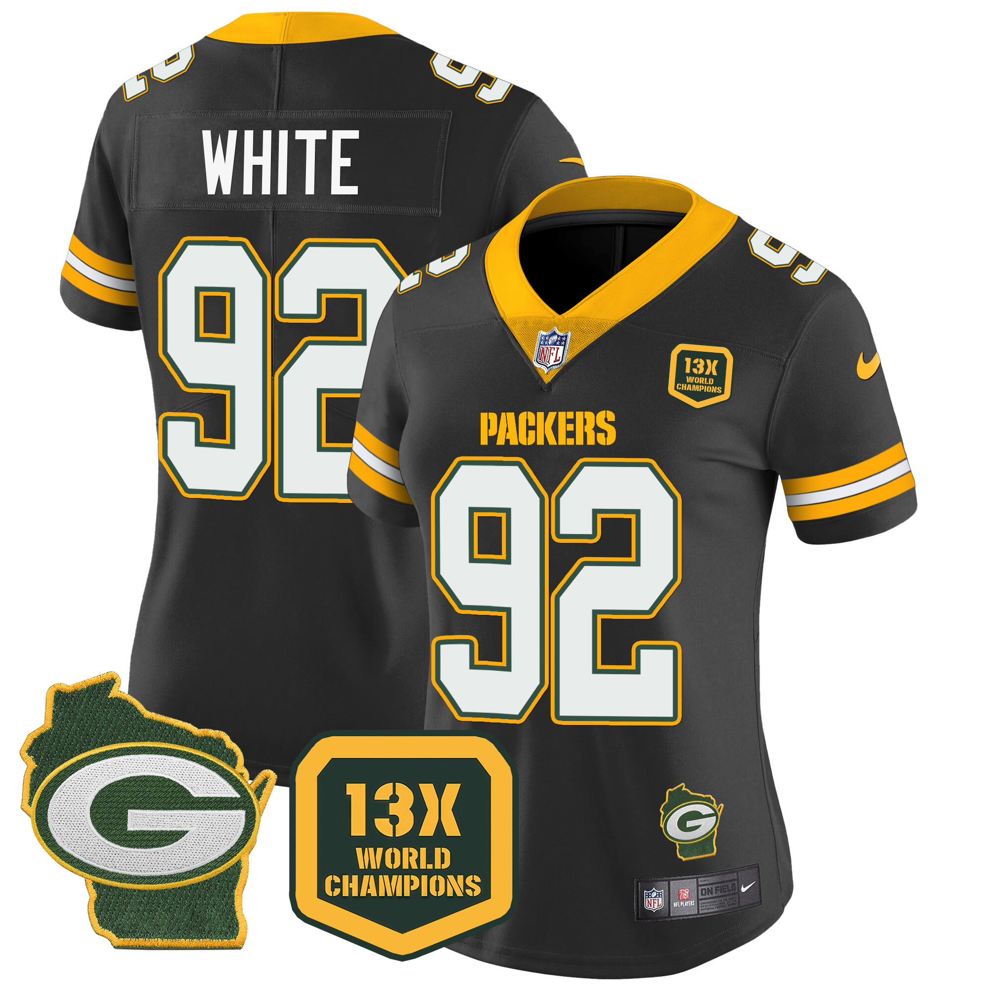 Reggie White Women's Green Bay Packers 13 Time World Champions & Home Patch Vapor Jersey Ã¯Â¿Â½ All Stitched Black Jersey - All Stitched
