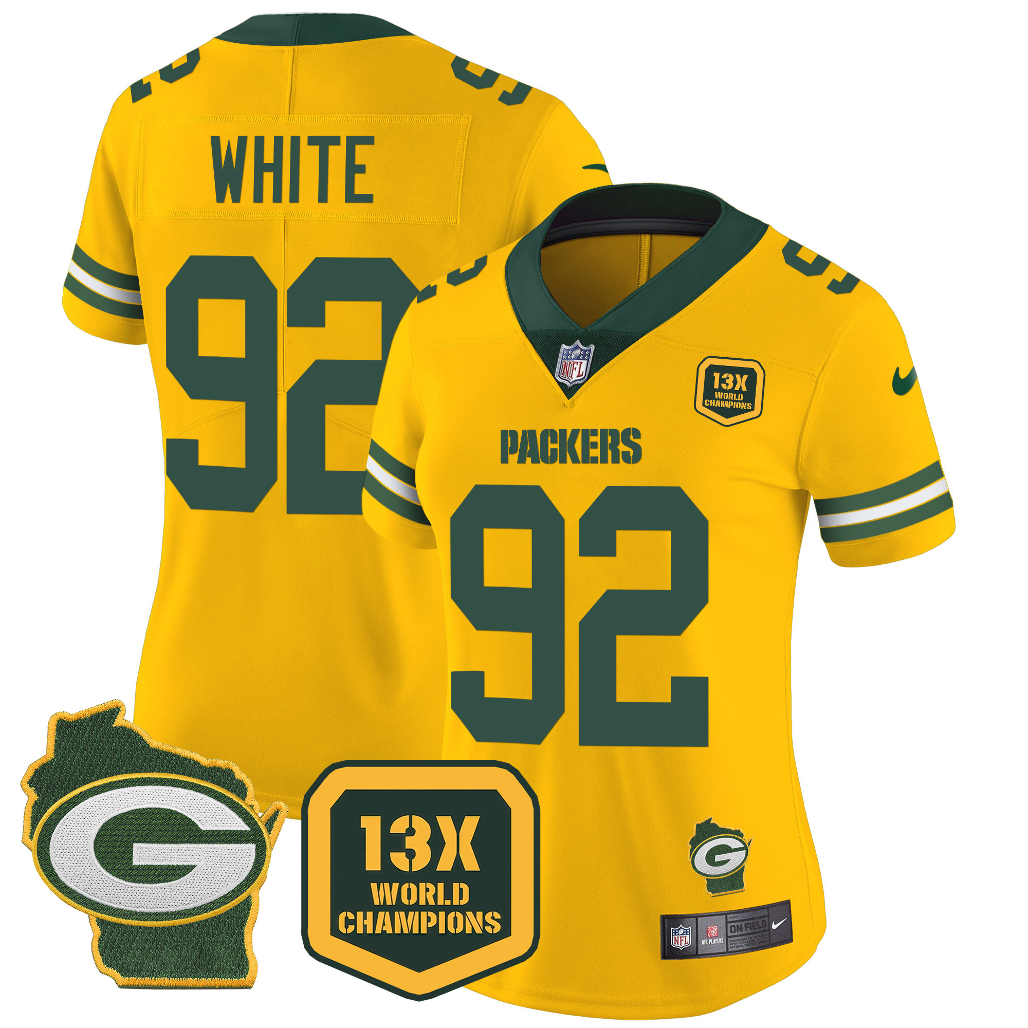 Reggie White Women's Green Bay Packers 13 Time World Champions & Home Patch Vapor Jersey Ã¯Â¿Â½ All Stitched Gold Jersey - All Stitched