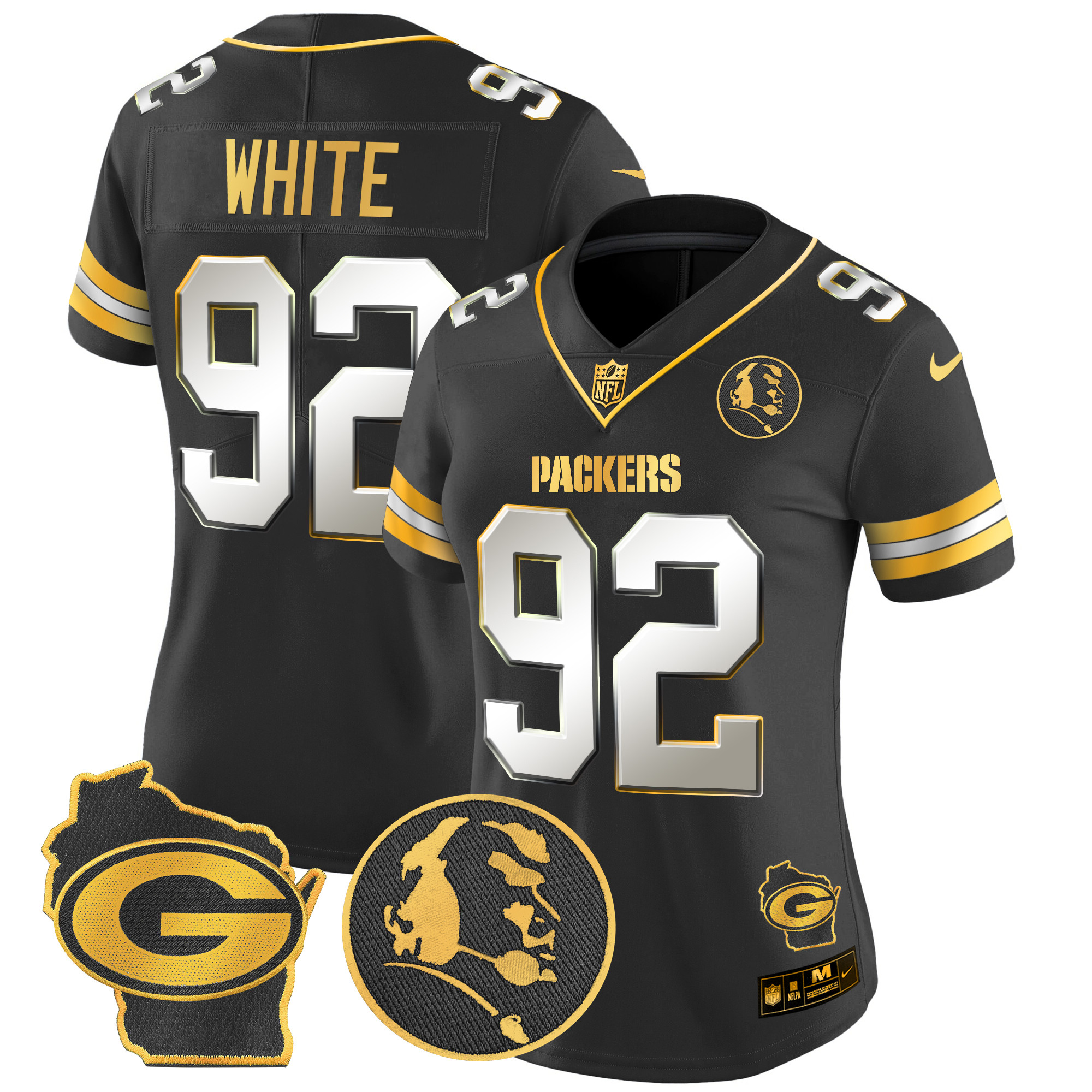 Reggie White Women's Green Bay Packers John Madden & Home Patch Gold Vapor Limited Black Limited Jersey - All Stitched