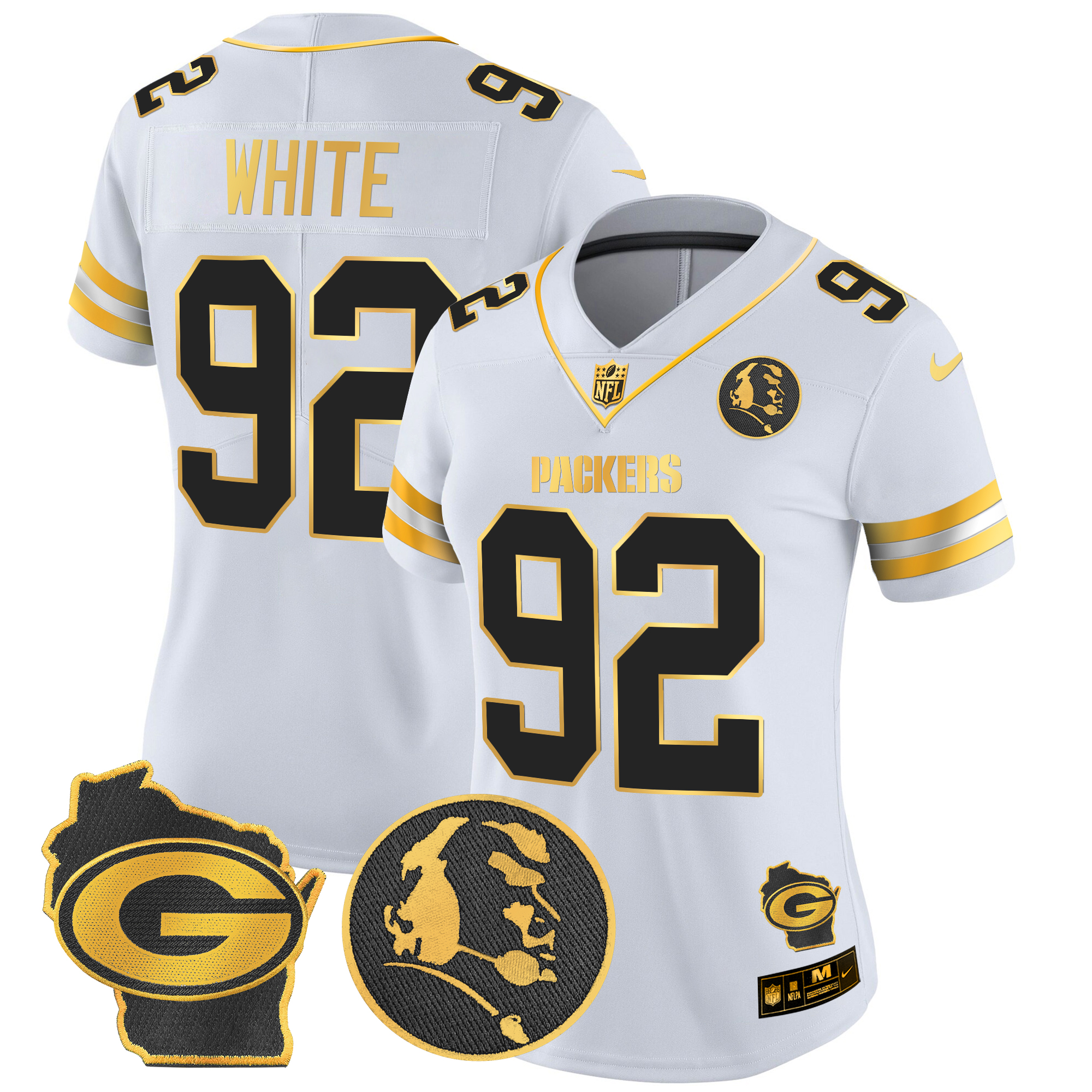 Reggie White Women's Green Bay Packers John Madden & Home Patch Gold Vapor Limited White Gold Jersey - All Stitched