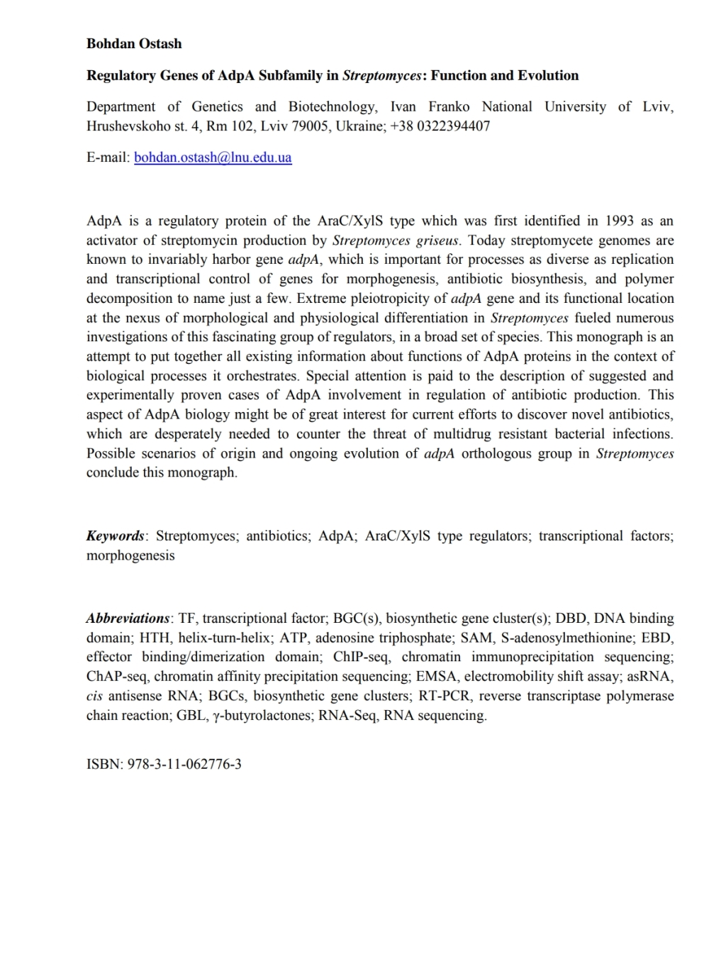 Regulatory Genes of AdpA Subfamily in Streptomyces: Function and Evolution Biology of AdpA Regulators in Streptomyces 1st Edition - (PDF/EPUB Version)