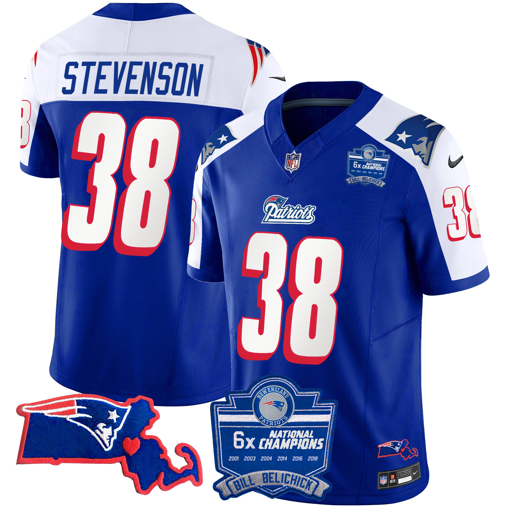 Rhamondre Stevenson Men's New England Patriots Bill Belichick 6x Champions Patch Vapor 1996 Alternate Jersey - All Stitched