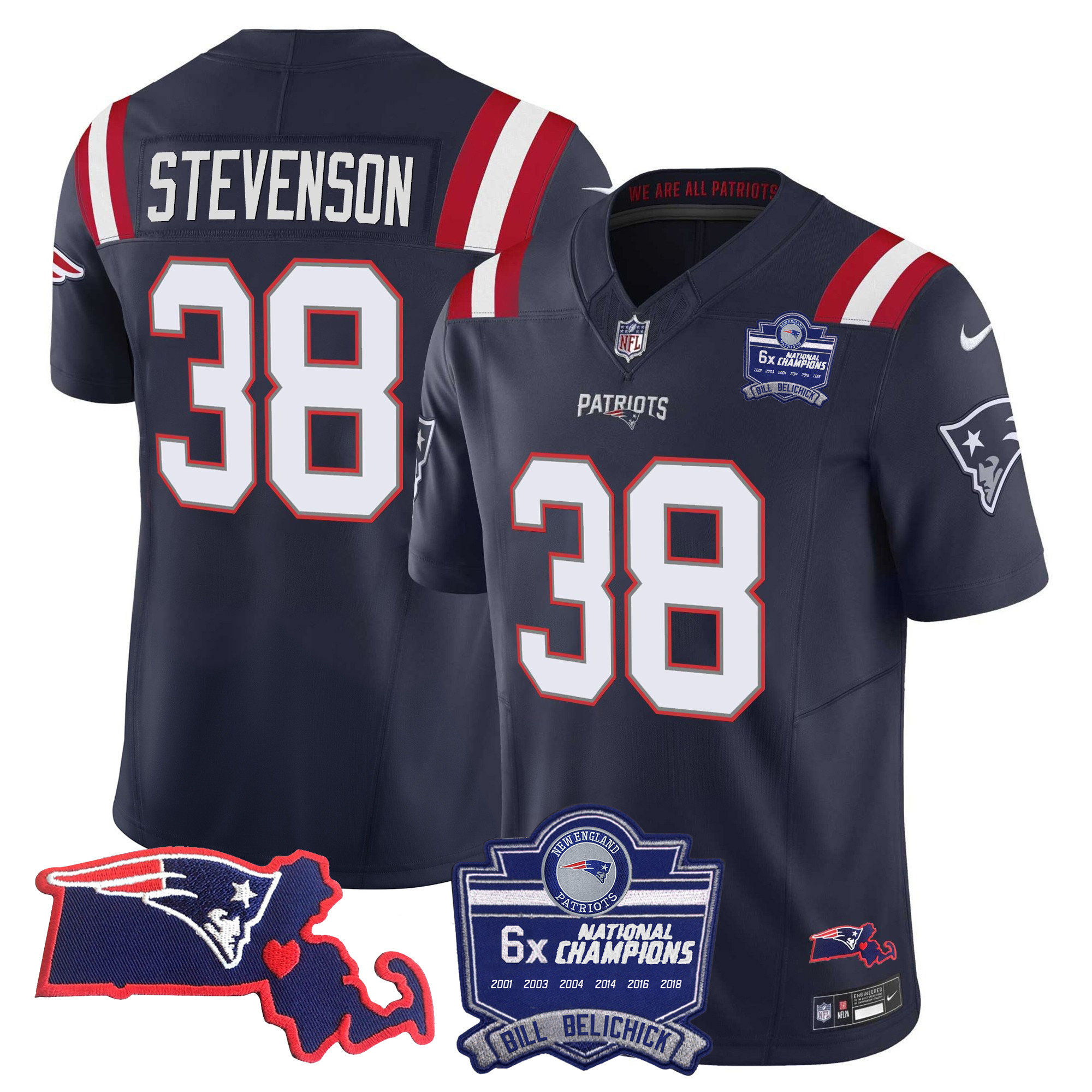 Rhamondre Stevenson Women's New England Patriots Bill Belichick 6x Champions Patch Vapor Navy Jersey - All Stitched