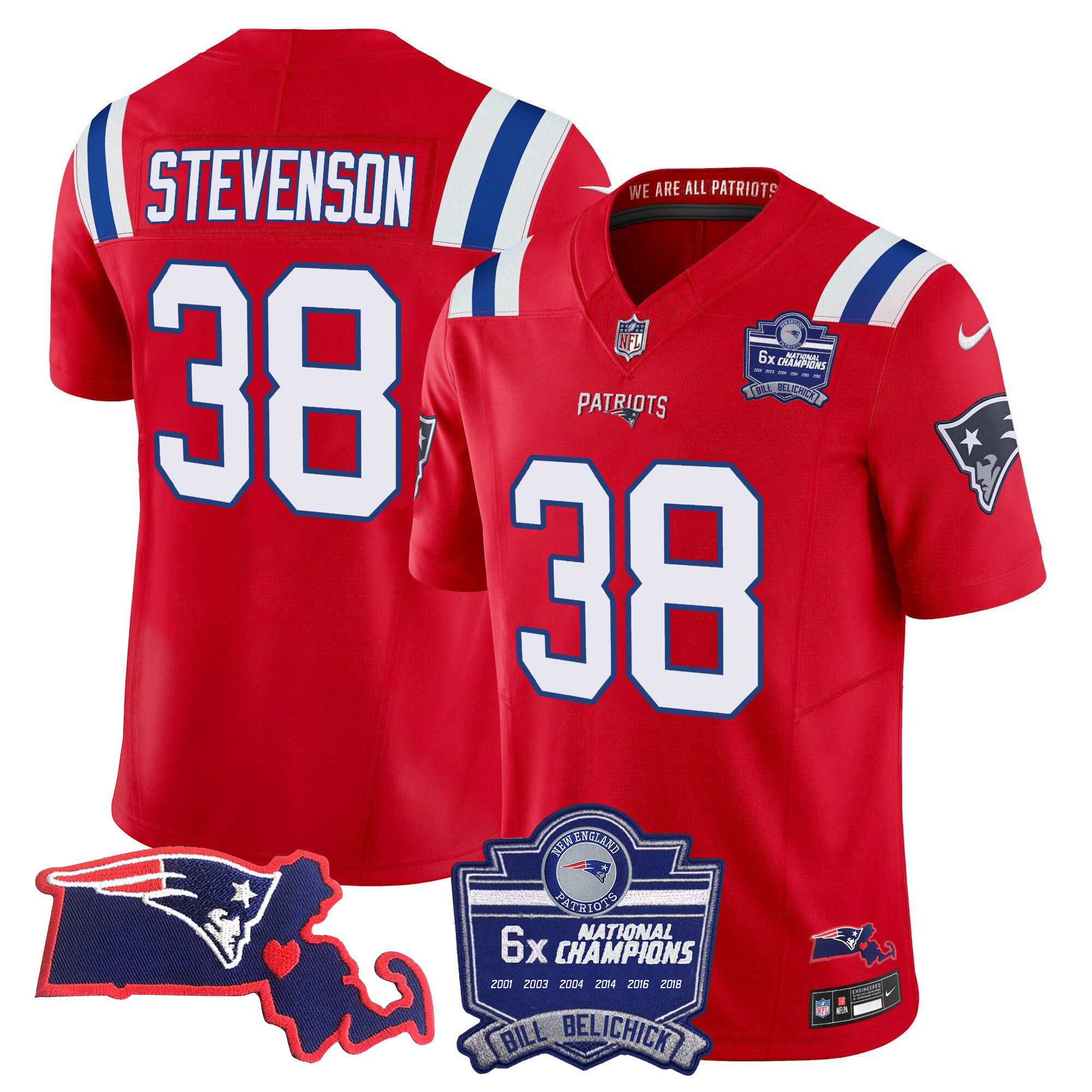 Rhamondre Stevenson Women's New England Patriots Bill Belichick 6x Champions Patch Vapor Red Jersey - All Stitched