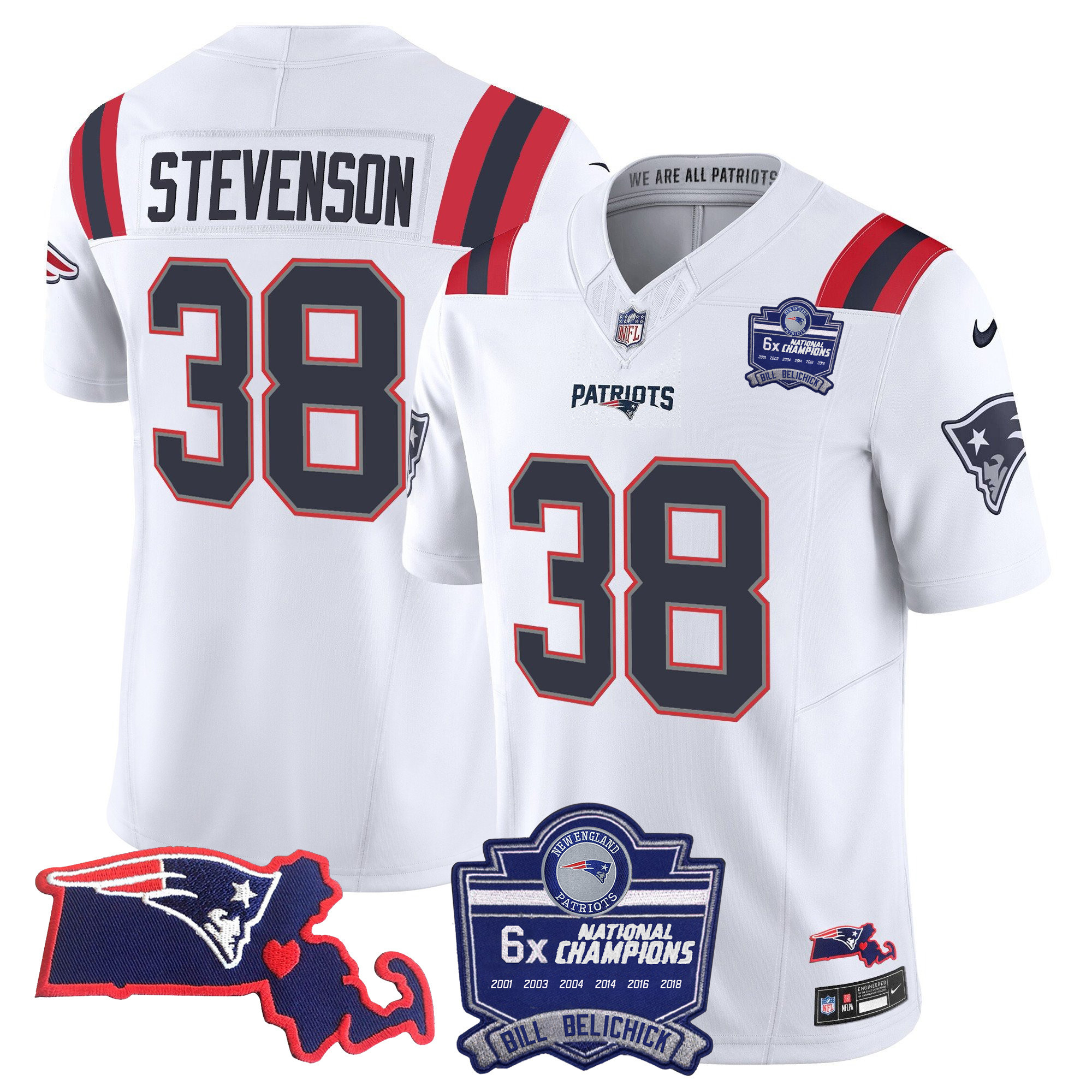 Rhamondre Stevenson Women's New England Patriots Bill Belichick 6x Champions Patch Vapor White Jersey - All Stitched