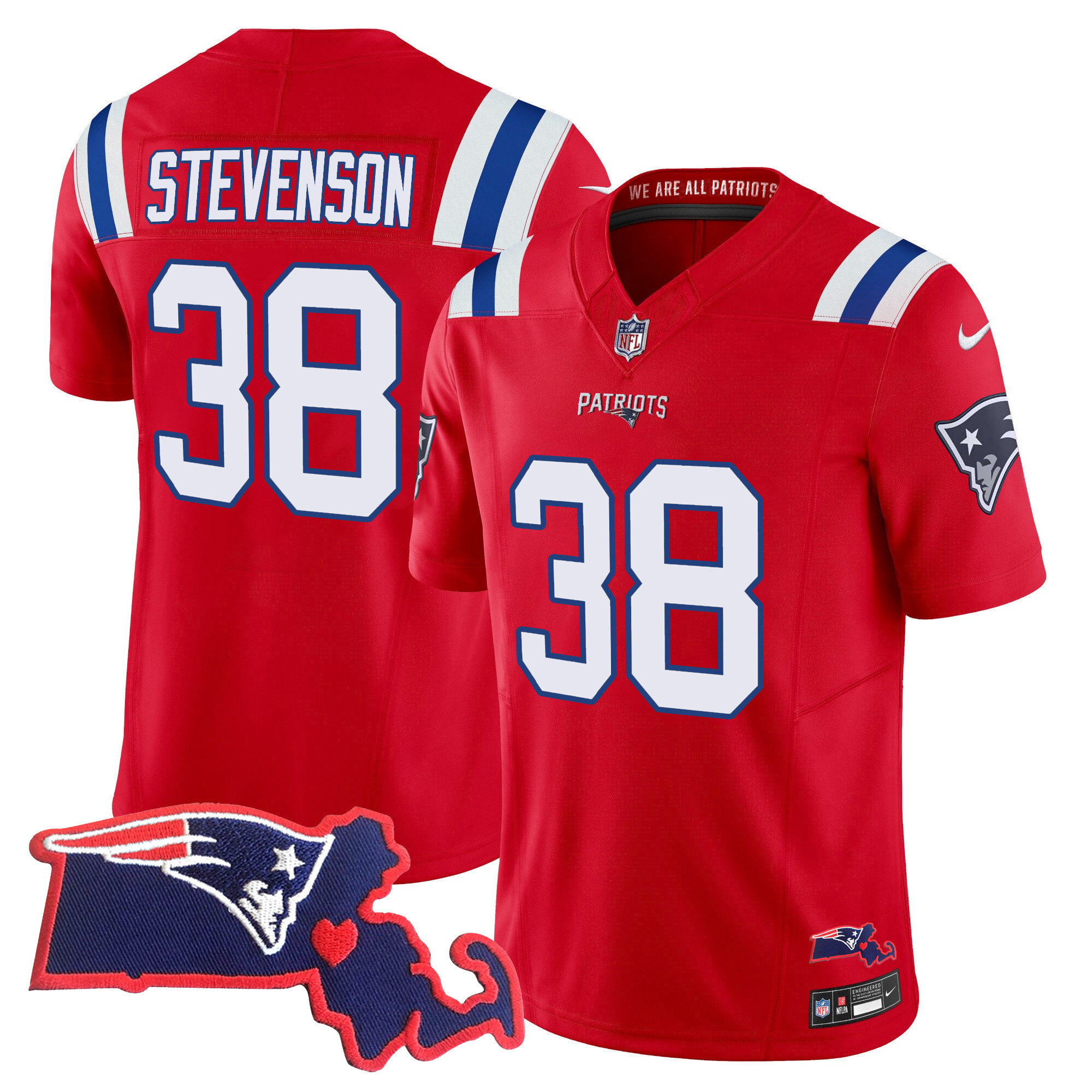 Rhamondre Stevenson Women's New England Patriots Massachusetts Patch Vapor Red Jersey - All Stitched