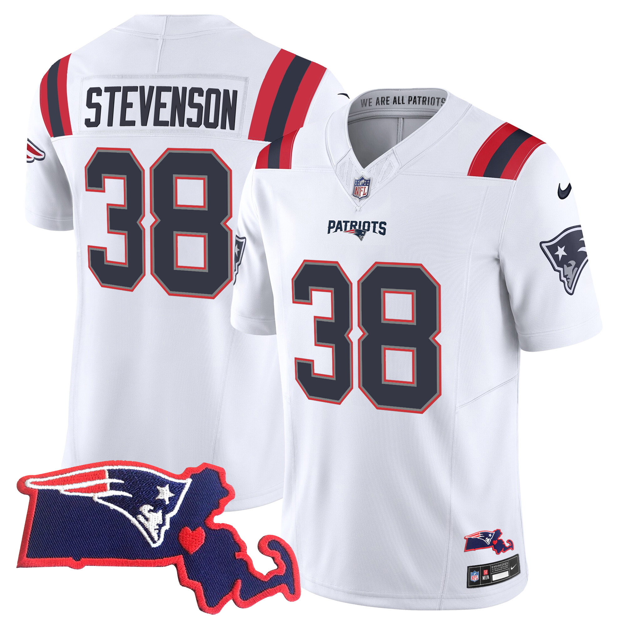 Rhamondre Stevenson Women's New England Patriots Massachusetts Patch Vapor White Jersey - All Stitched