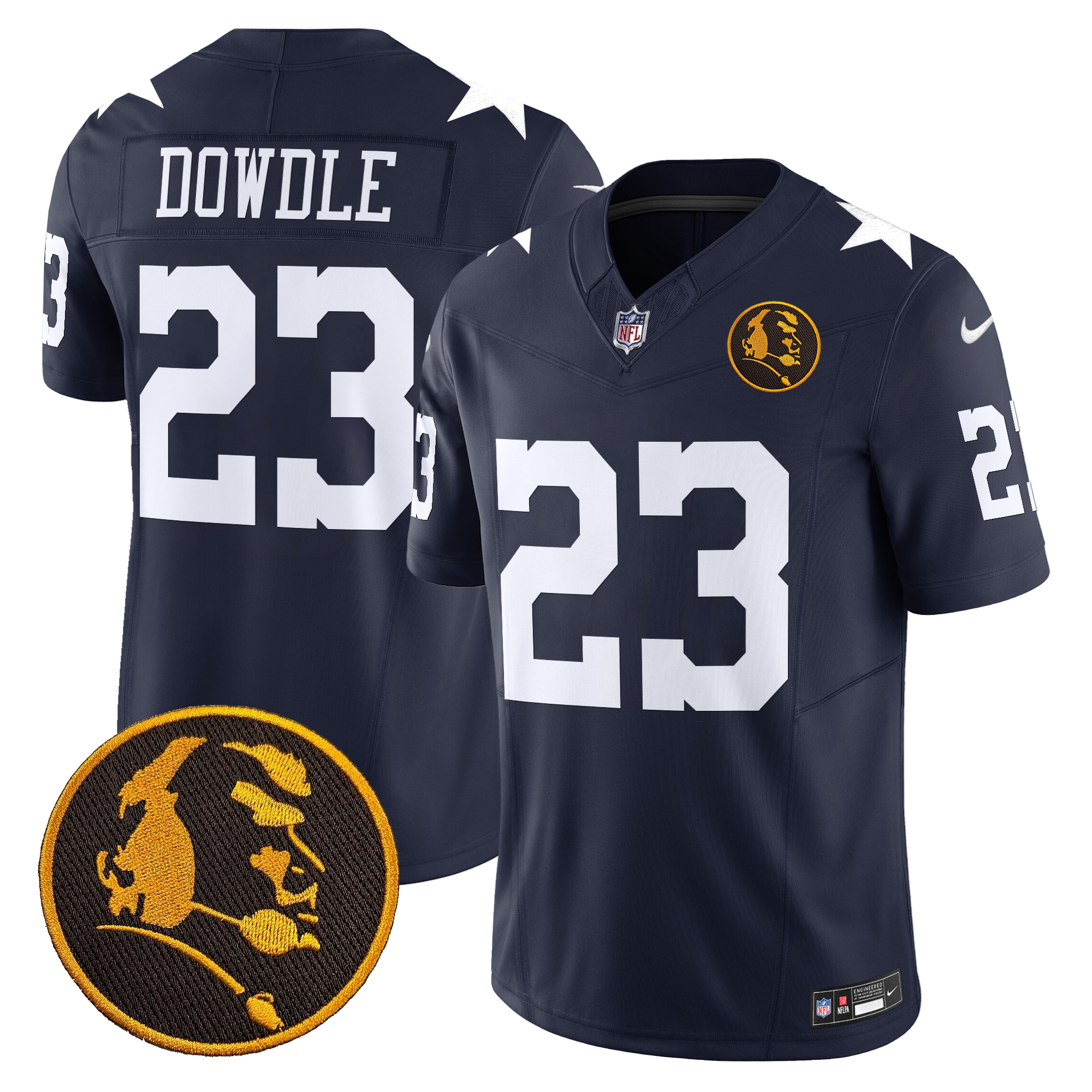 Rico Dowdle Men's Dallas Cowboys Texas & John Madden Patch Vapor Limited Navy Jersey - All Stitched
