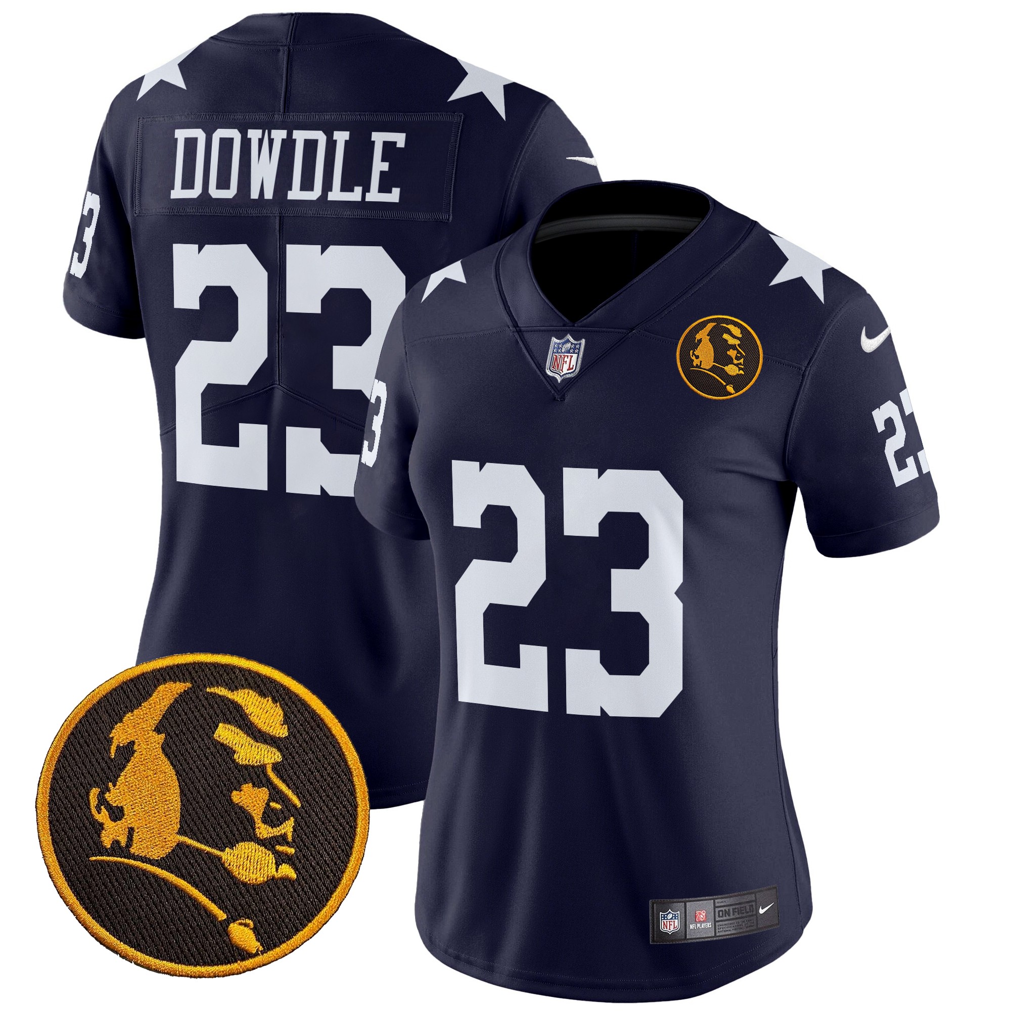Rico Dowdle Women's Dallas Cowboys Texas & John Madden Patch Vapor Limited Navy Jersey - All Stitched