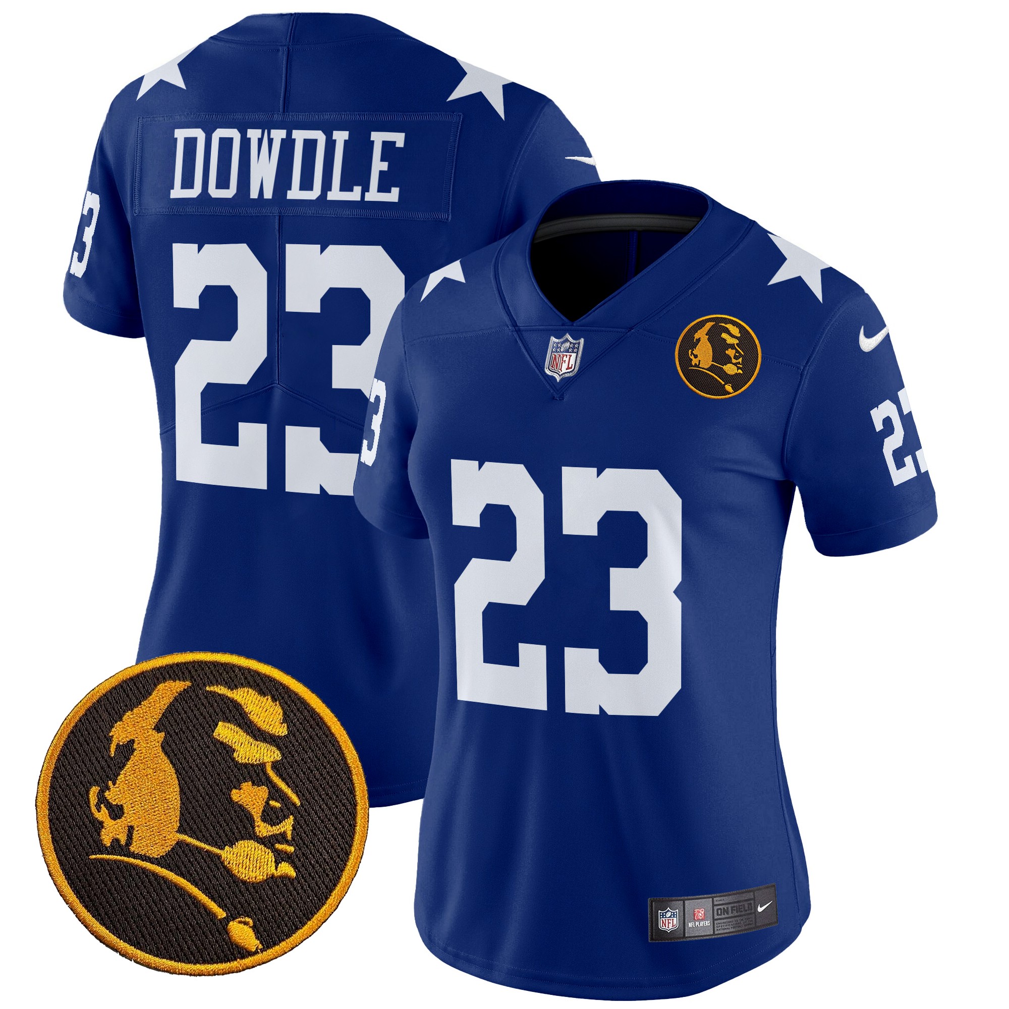 Rico Dowdle Women's Dallas Cowboys Texas & John Madden Patch Vapor Limited Royal Jersey - All Stitched