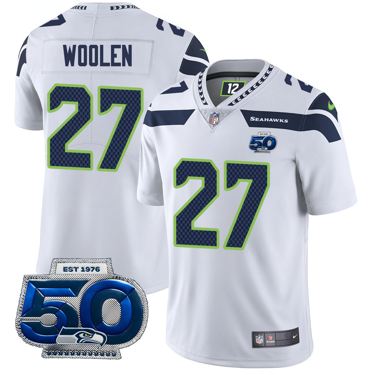 Riq Woolen - 27 Men's Seattle Seahawks 50th Season Vapor Limited White Jersey - All Stitched