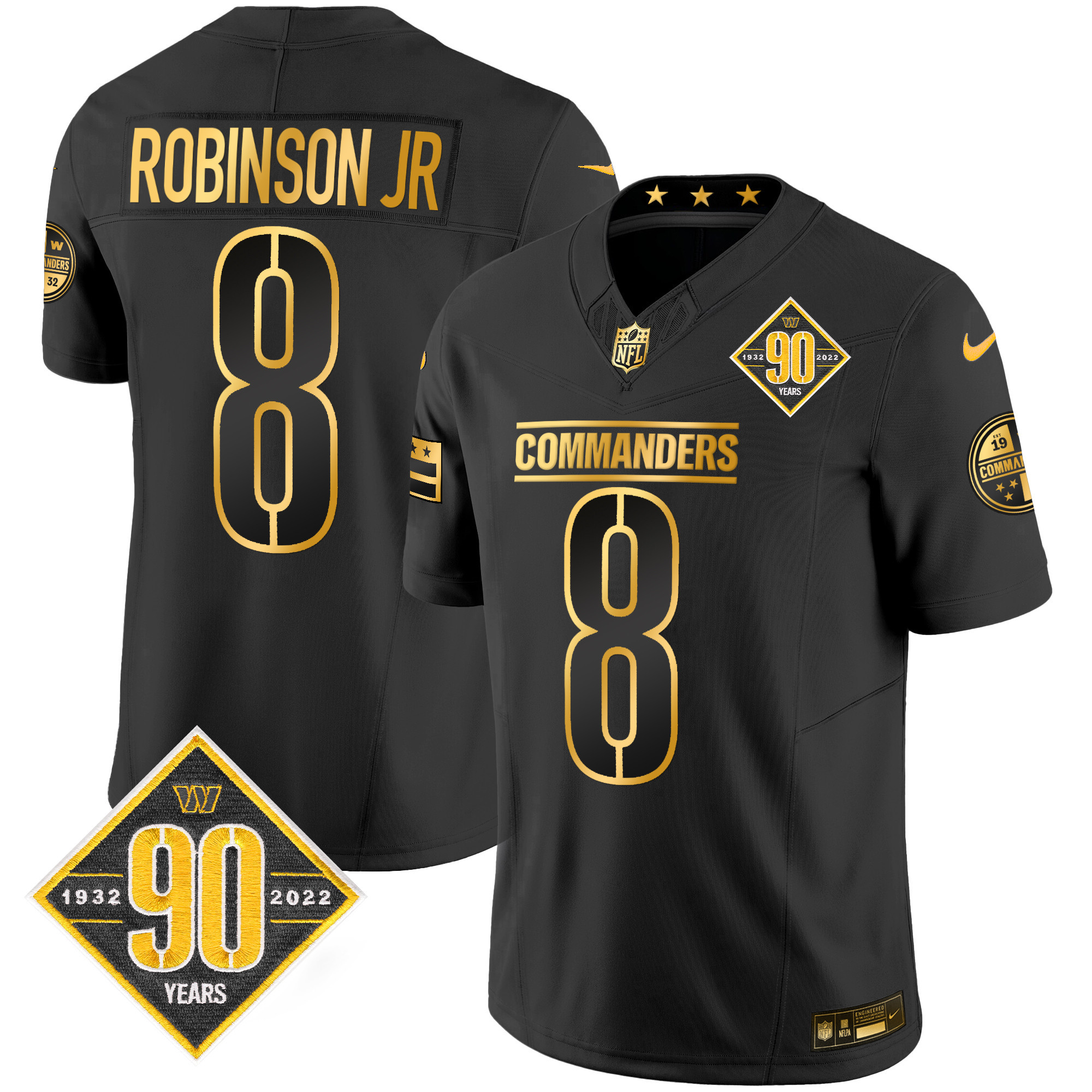 Robinson Jr Men's Washington Commanders 90th Anniversary Patch Gold Vapor Black Gold Jersey - All Stitched