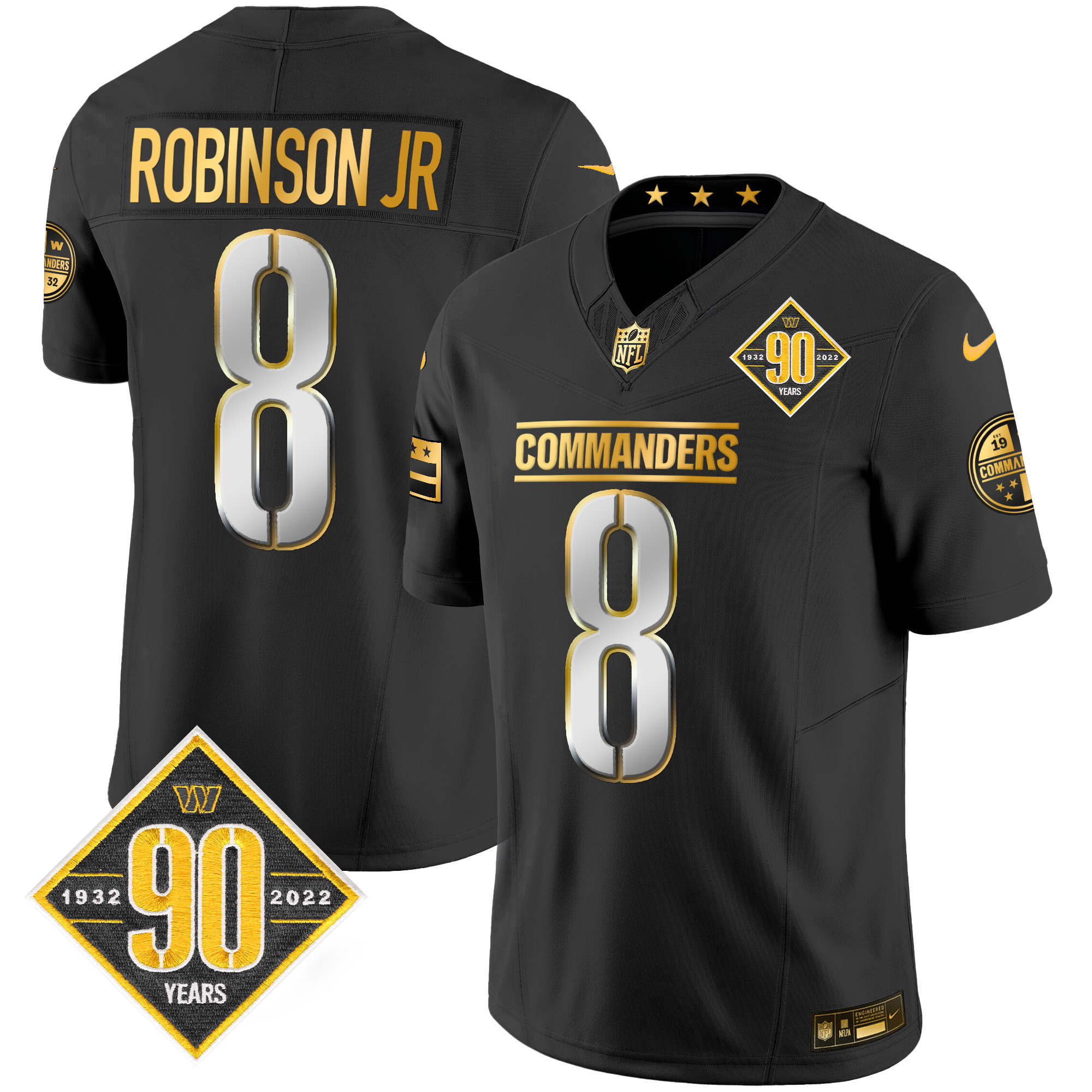 Robinson Jr Men's Washington Commanders 90th Anniversary Patch Gold Vapor Black Limited Jersey - All Stitched