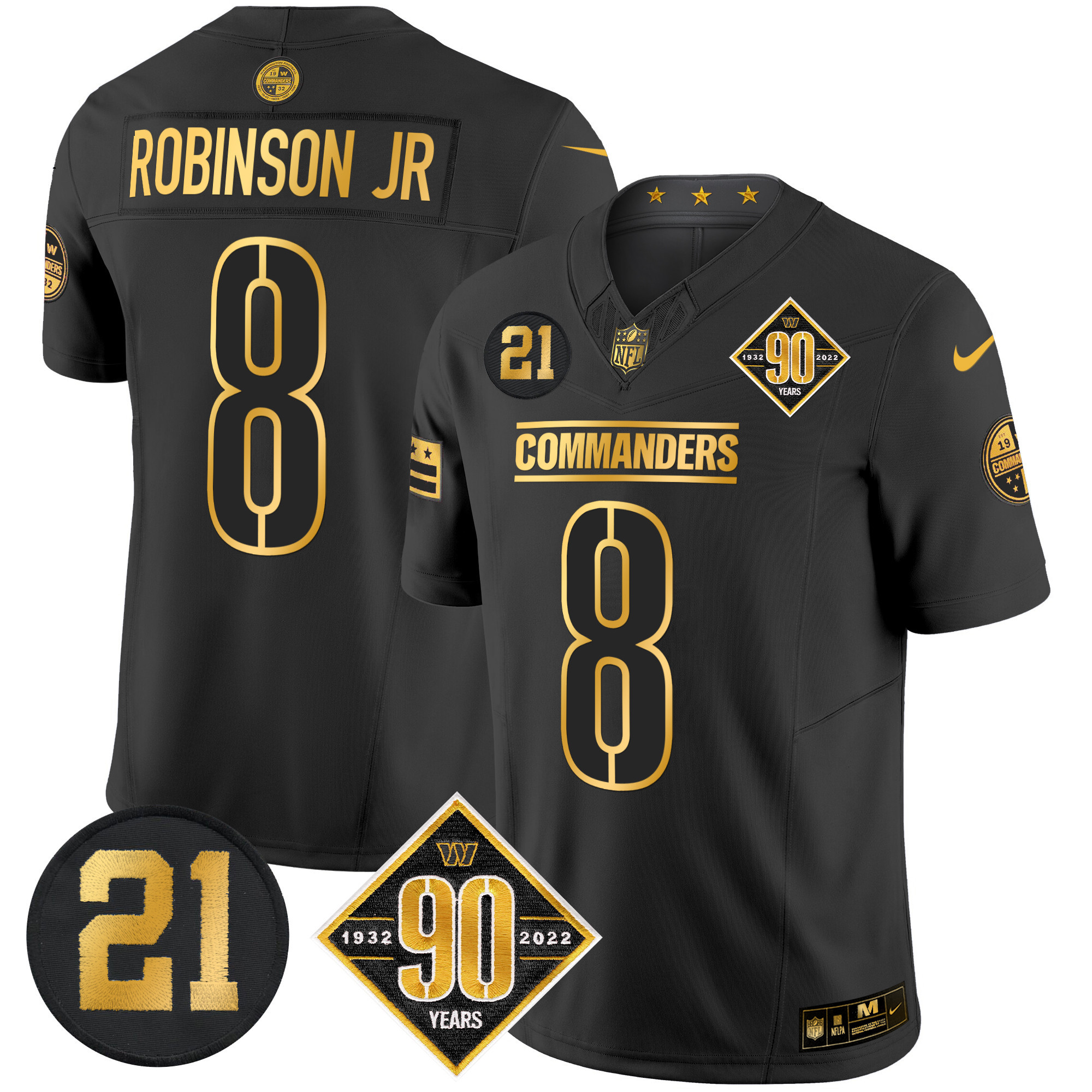 Robinson Jr. Men's Washington Commanders 90th & Sean Taylor Patch Gold Vapor Limited Black Gold Jersey - All Stitched