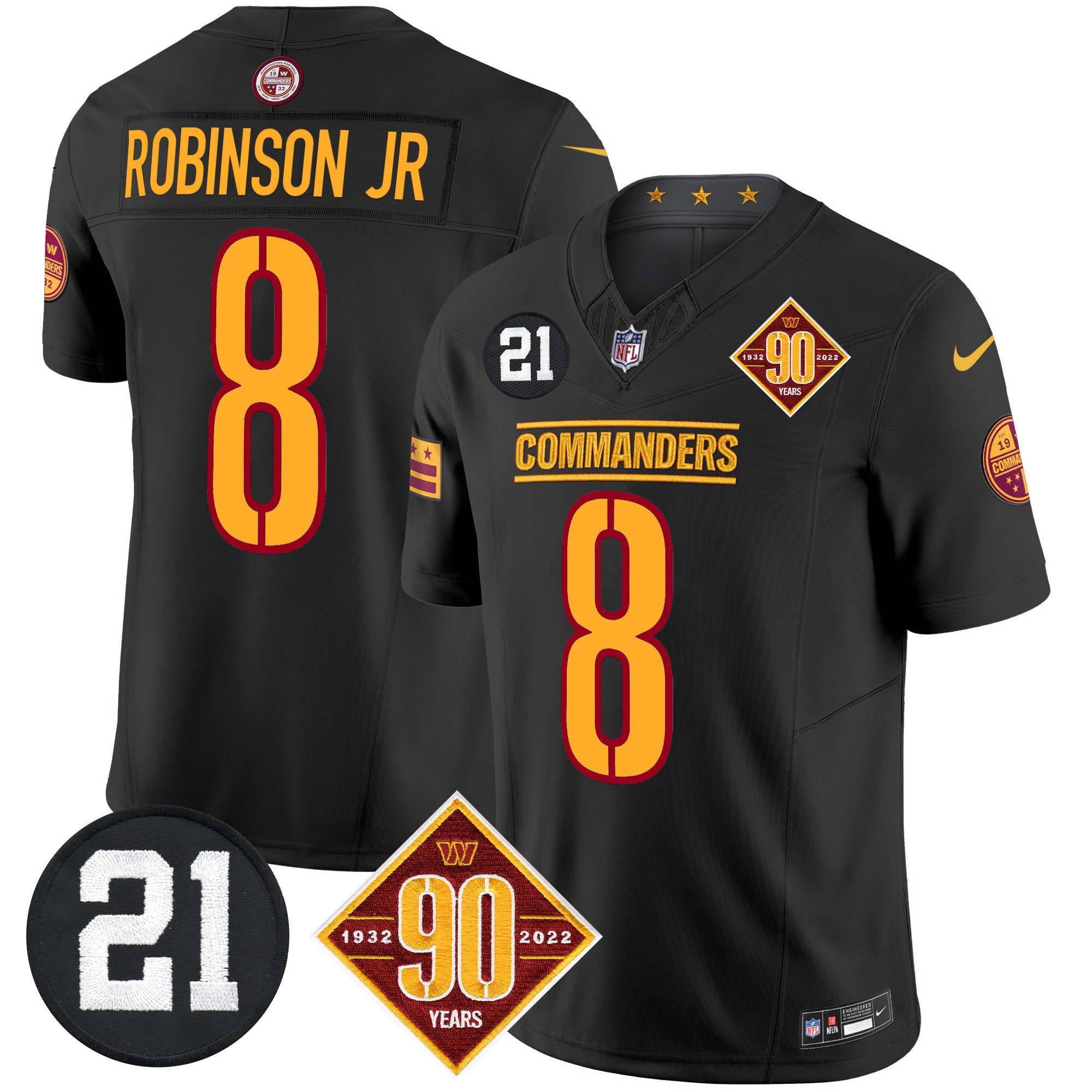 Robinson Jr. Men's Washington Commanders 90th & Sean Taylor Patch Vapor Limited Black Jersey - All Stitched