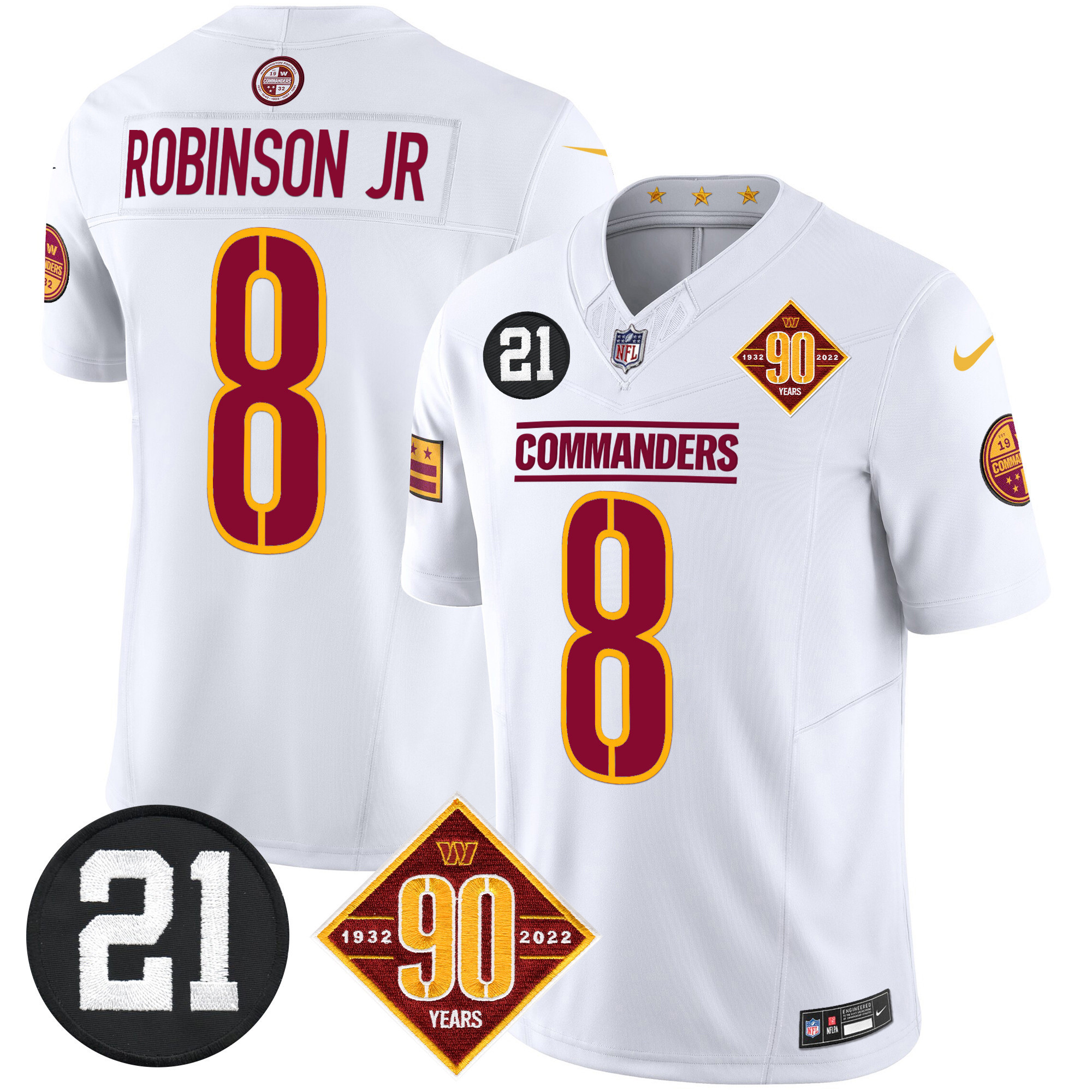 Robinson Jr. Men's Washington Commanders 90th & Sean Taylor Patch Vapor Limited White Jersey - All Stitched