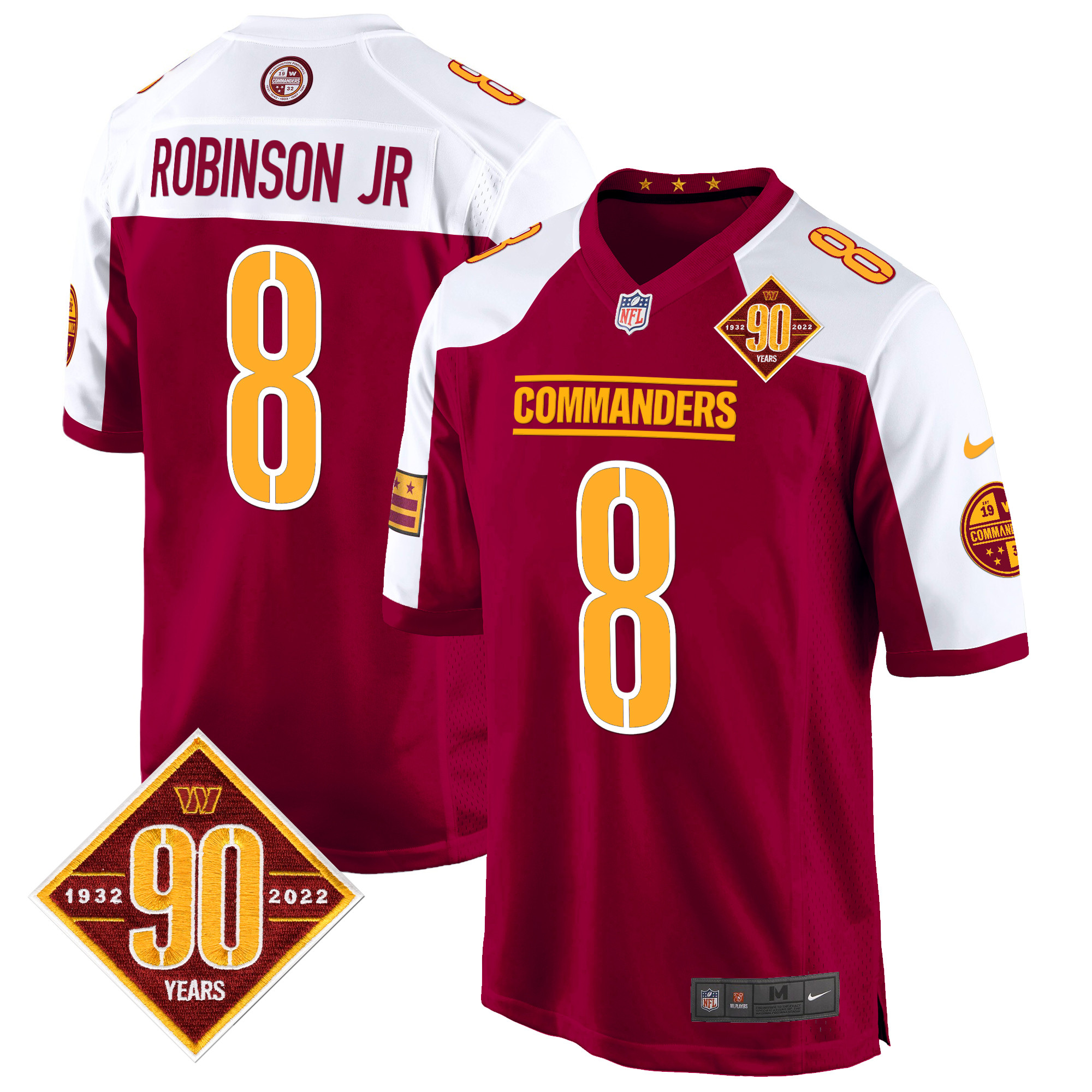 Robinson Jr. Men's Washington Commanders 90th Anniversary Patch Game Burgundy Alternate Jersey - All Stitched