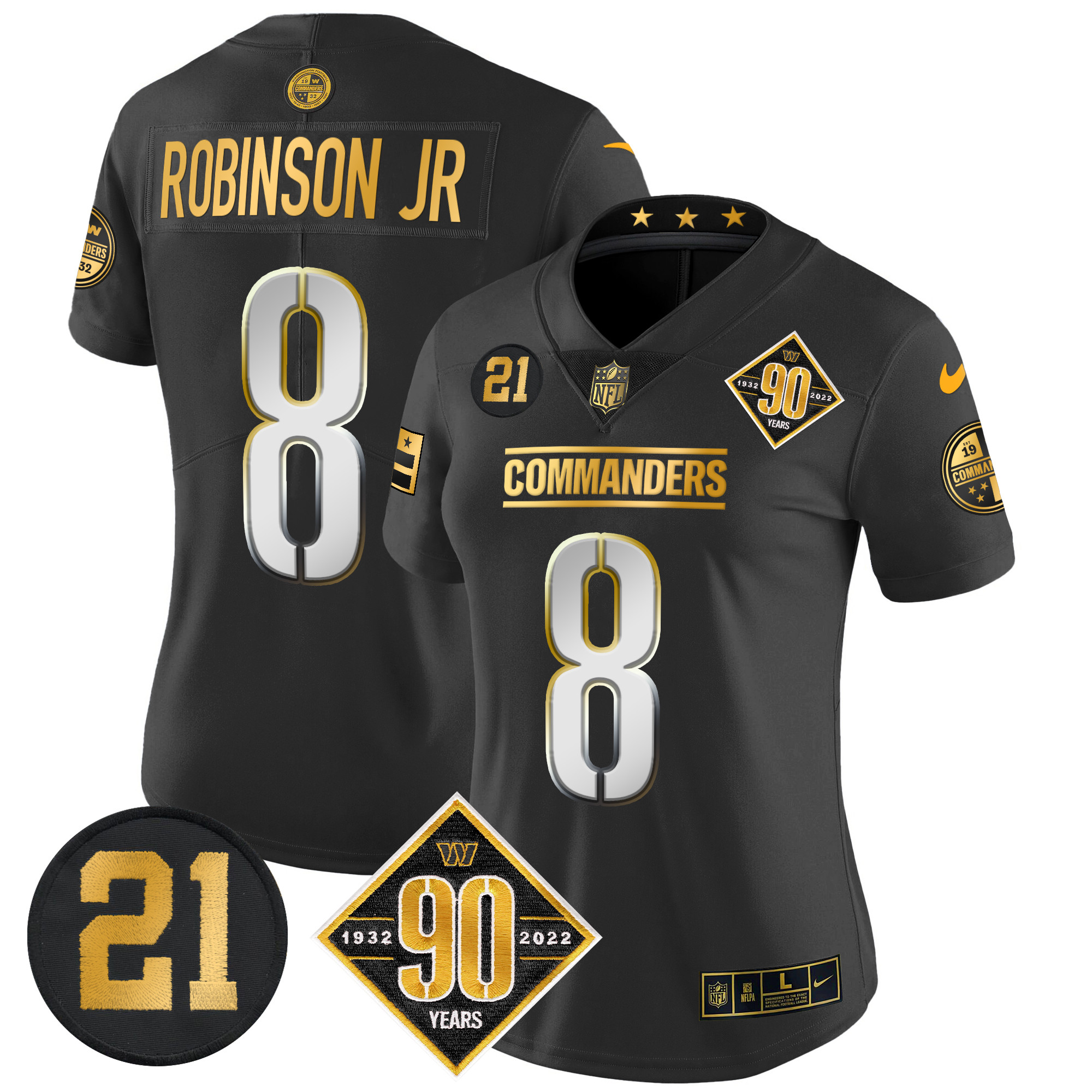 Robinson Jr. Women's Washington Commanders 90th & Sean Taylor Patch Gold Vapor Limited Black Limited Jersey - All Stitched