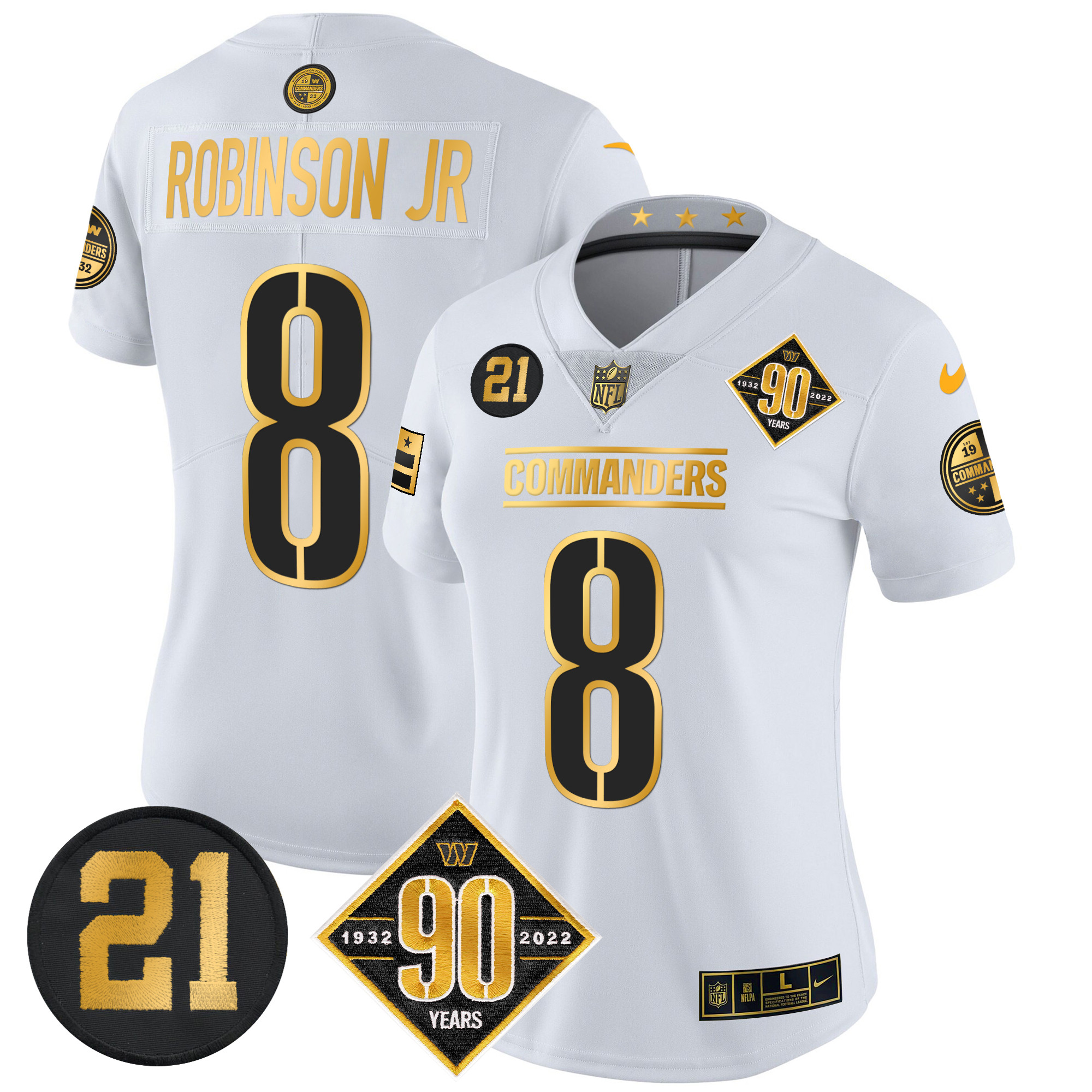 Robinson Jr. Women's Washington Commanders 90th & Sean Taylor Patch Gold Vapor Limited White Gold Jersey - All Stitched