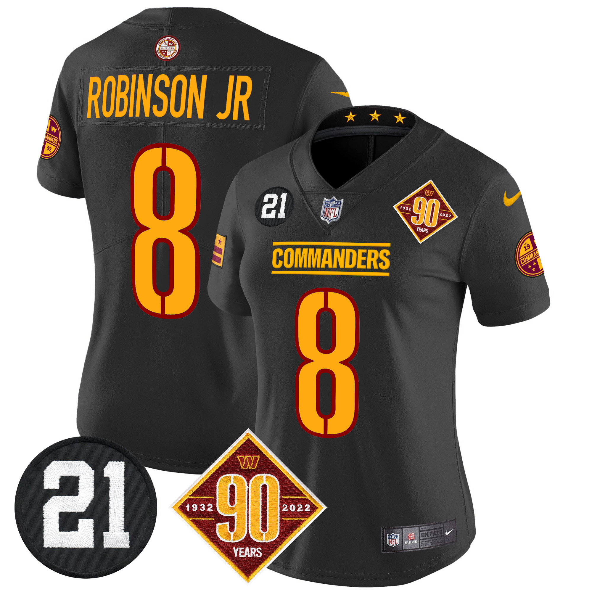 Robinson Jr. Women's Washington Commanders 90th & Sean Taylor Patch Vapor Limited Black Jersey - All Stitched