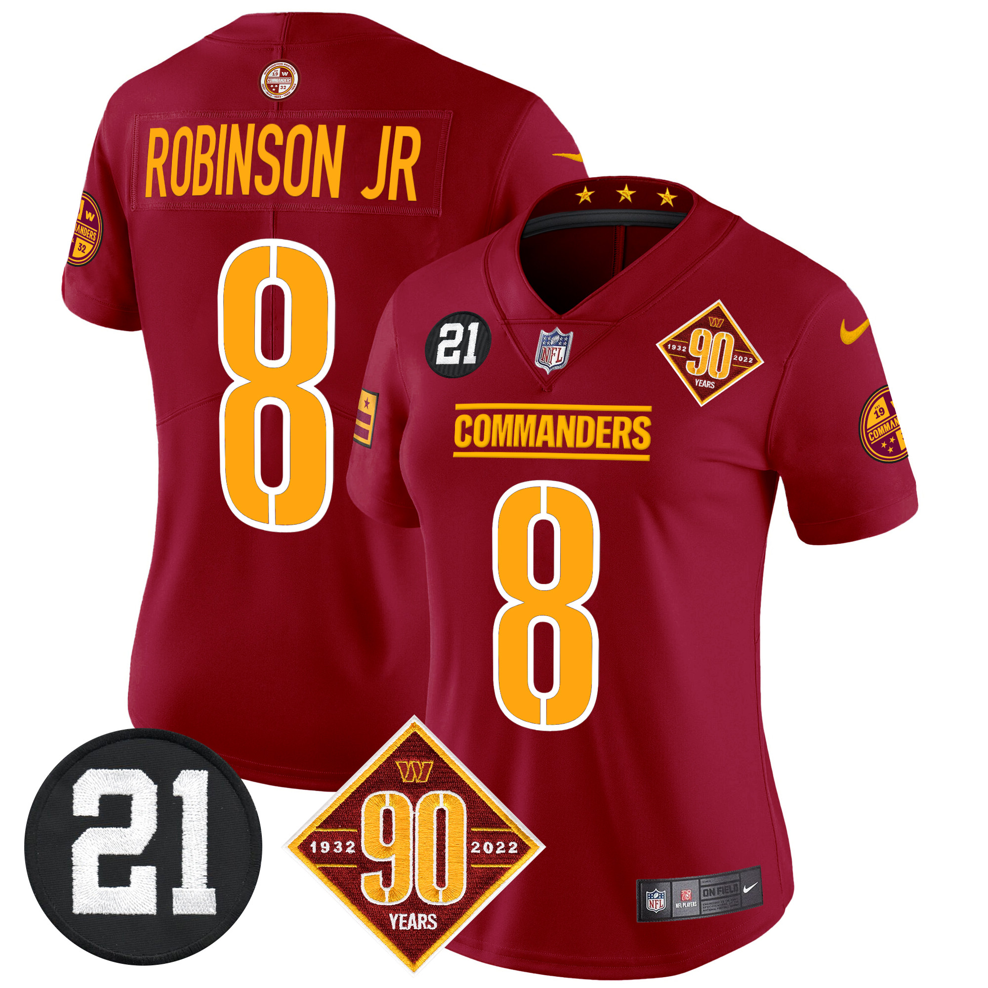 Robinson Jr. Women's Washington Commanders 90th & Sean Taylor Patch Vapor Limited Burgundy Jersey - All Stitched