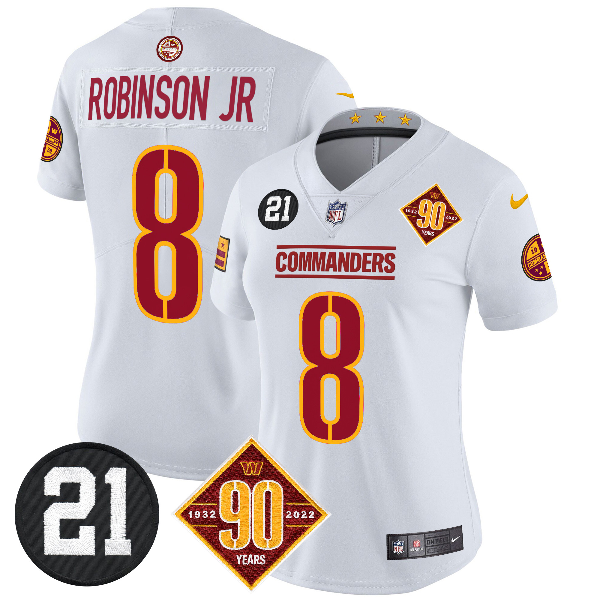 Robinson Jr. Women's Washington Commanders 90th & Sean Taylor Patch Vapor Limited White Jersey - All Stitched