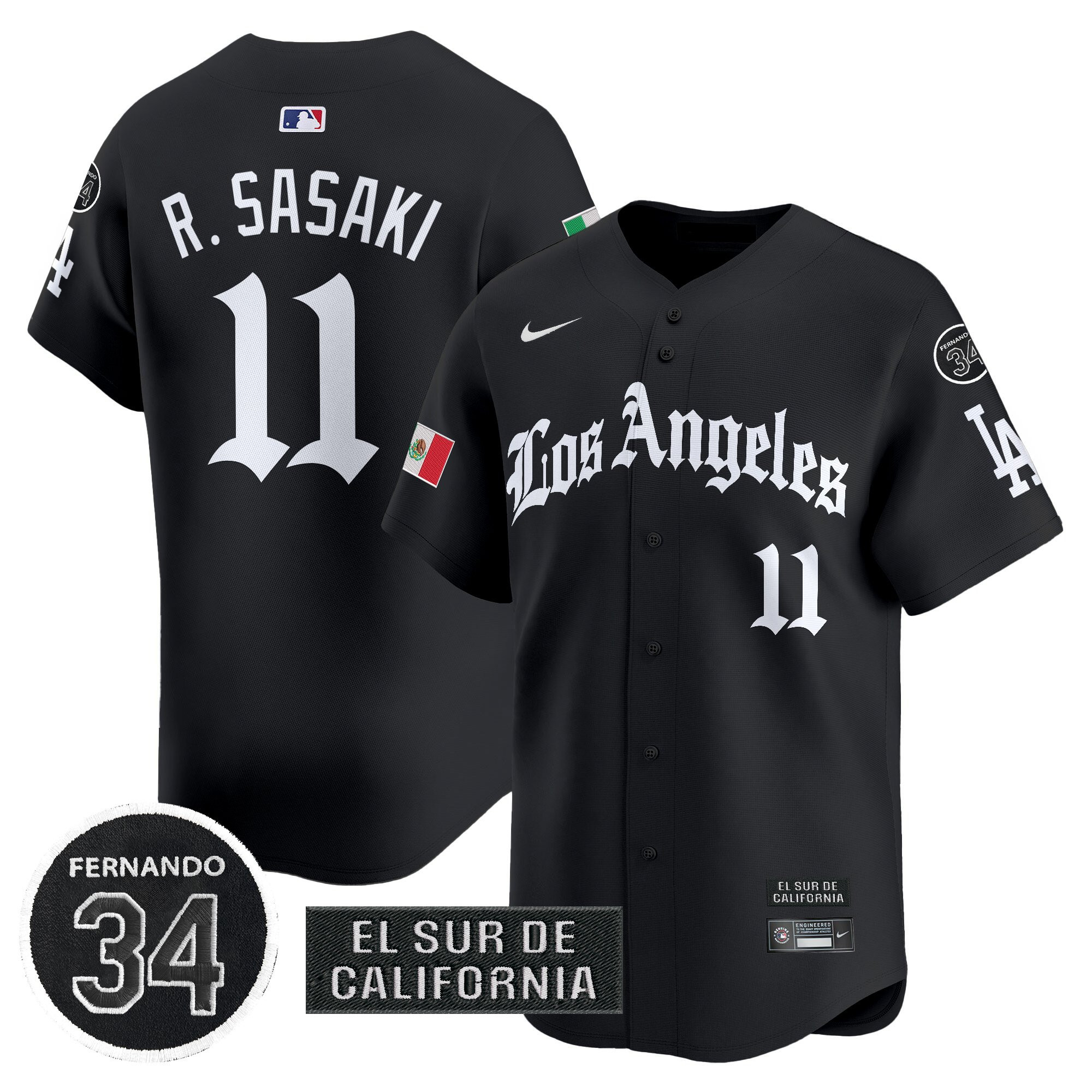 Roki Sasaki Men's Los Angeles Dodgers Mexico 2025 LA Gothic Style Vapor Premier Limited Black Jersey - All Stitched
