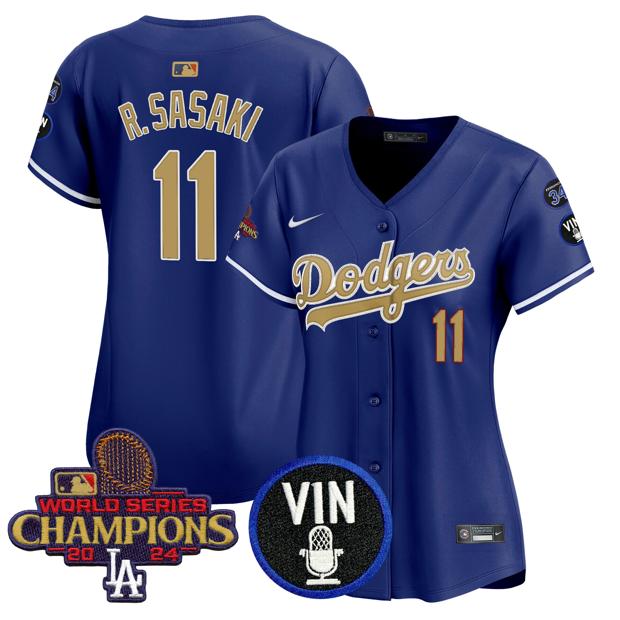 Roki Sasaki Women's Los Angeles Dodgers 2025 Vin Scully & #34 Fernando Patch Gold Vapor Premier Limited Royal Jersey - All Stitched