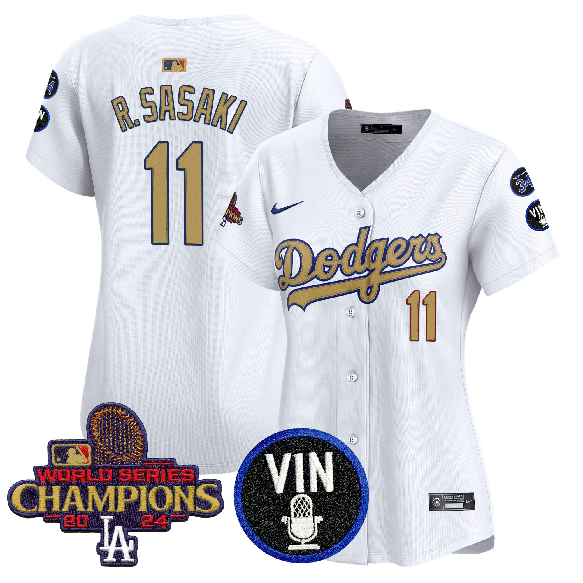Roki Sasaki Women's Los Angeles Dodgers 2025 Vin Scully & #34 Fernando Patch Gold Vapor Premier Limited White Jersey - All Stitched