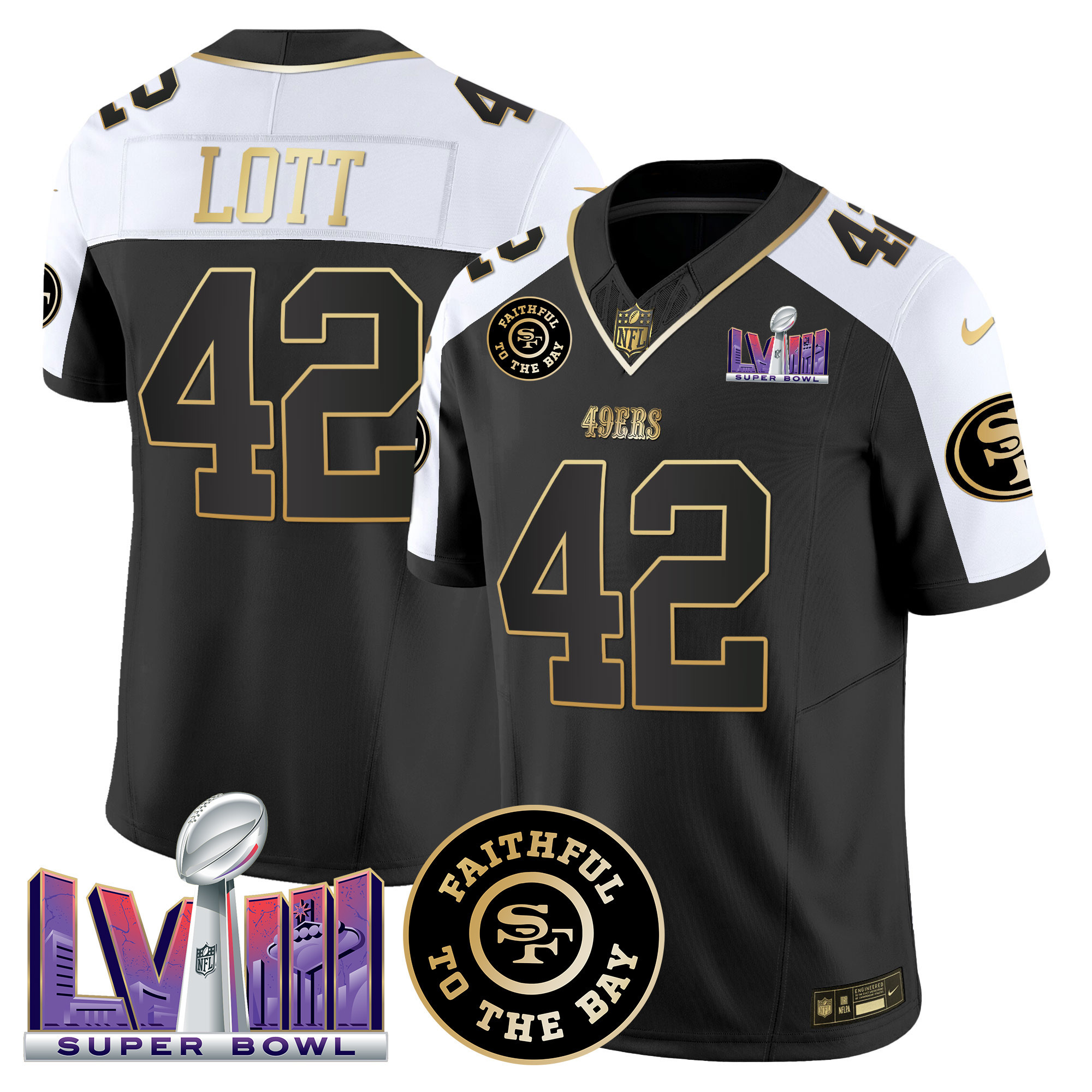 Ronnie Lott Men's San Francisco 49ers  Faithful & Super Bowl LVIII Patch Vapor Black Alternate Jersey - All Stitched