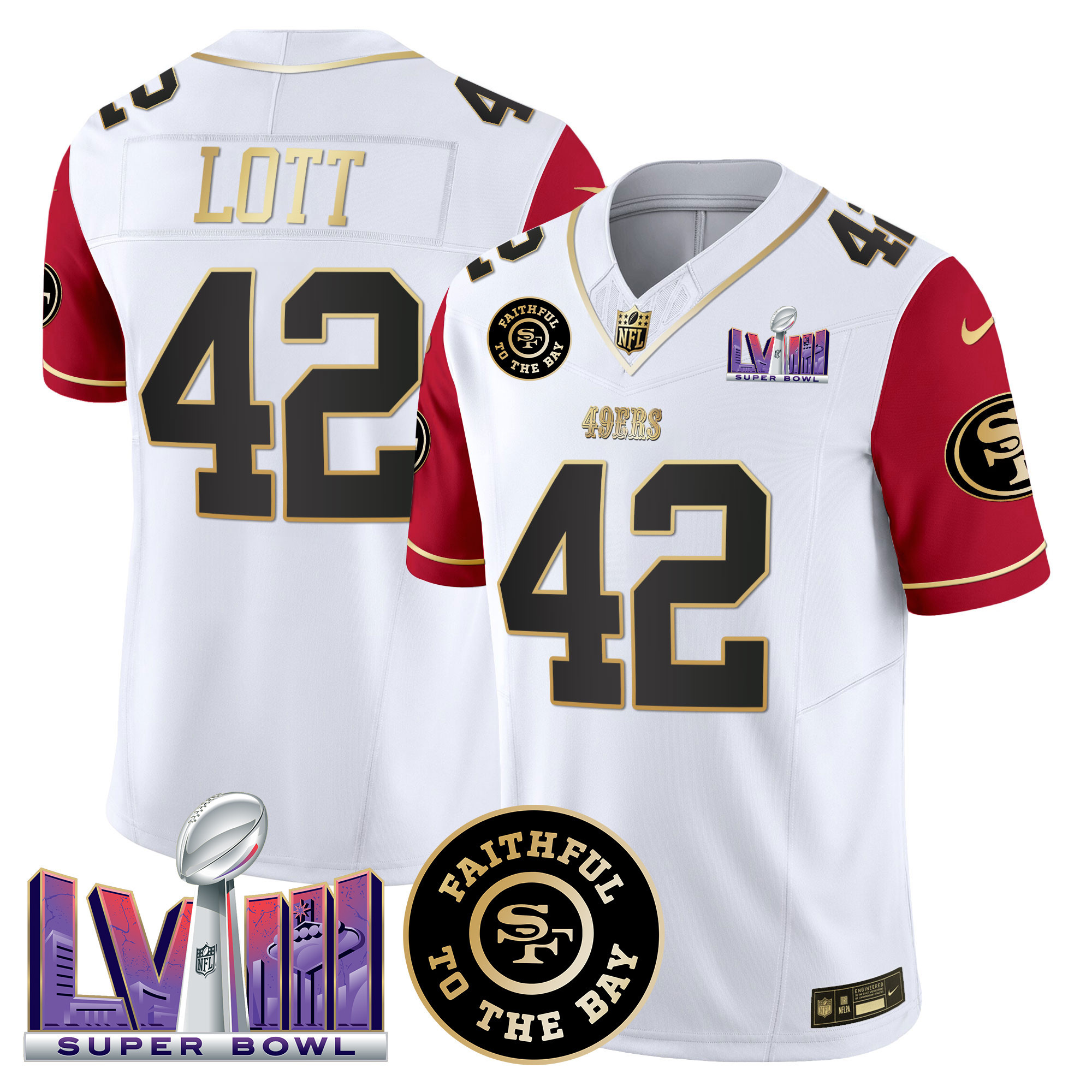 Ronnie Lott Men's San Francisco 49ers  Faithful & Super Bowl LVIII Patch Vapor Color Sleeves Jersey - All Stitched