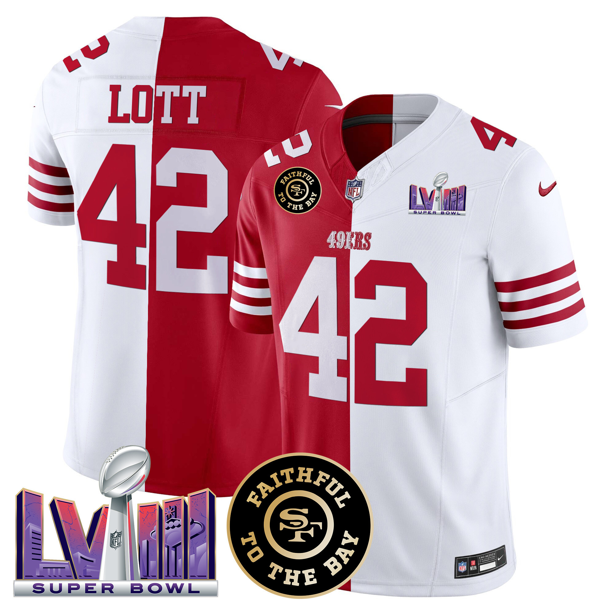 Ronnie Lott Men's San Francisco 49ers  Faithful & Super Bowl LVIII Patch Vapor Split Jersey - All Stitched