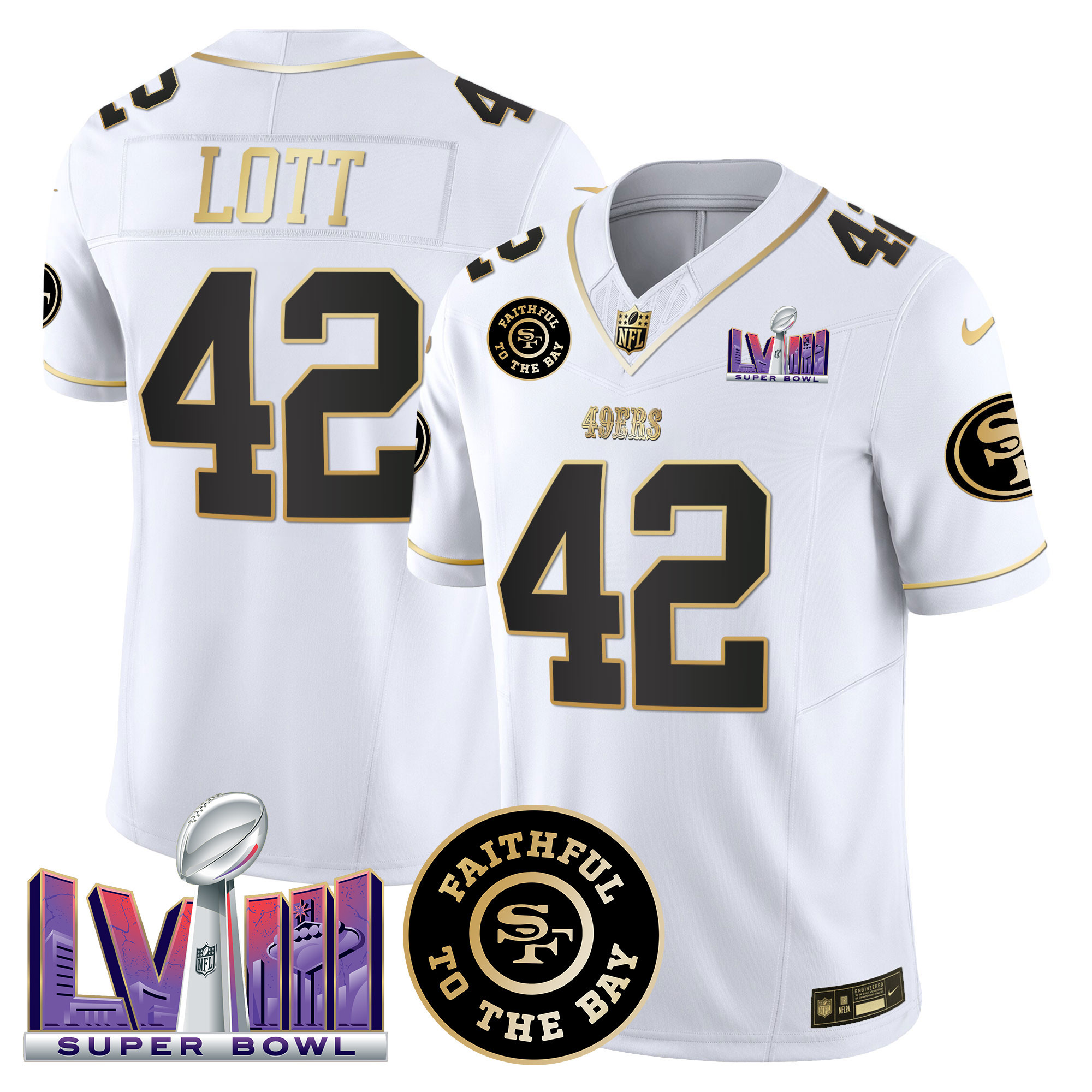 Ronnie Lott Men's San Francisco 49ers  Faithful & Super Bowl LVIII Patch Vapor White Gold Jersey - All Stitched