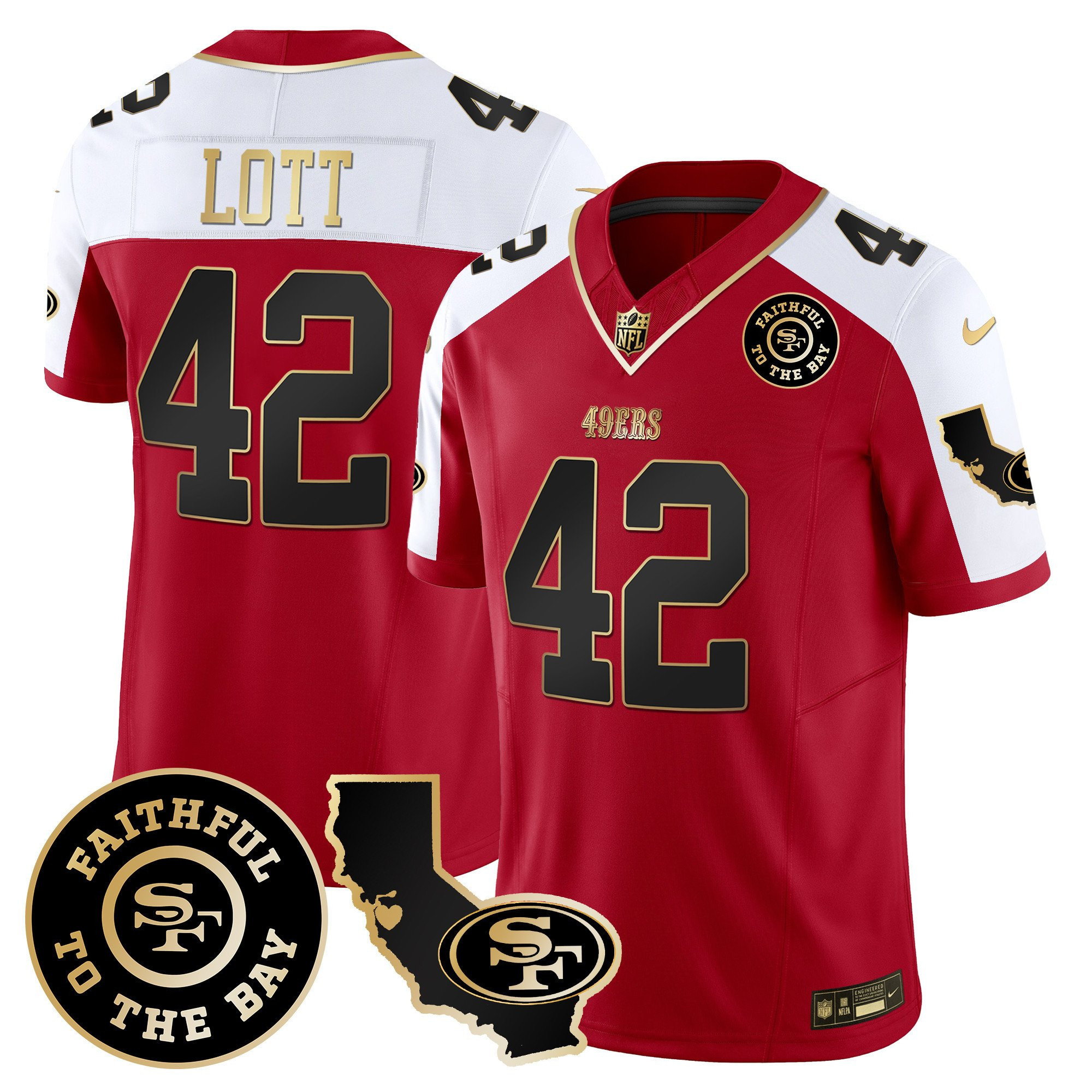 Ronnie Lott San Francisco 49ers Faithful & California Patch Vapor Red/White Jersey - All Stitched