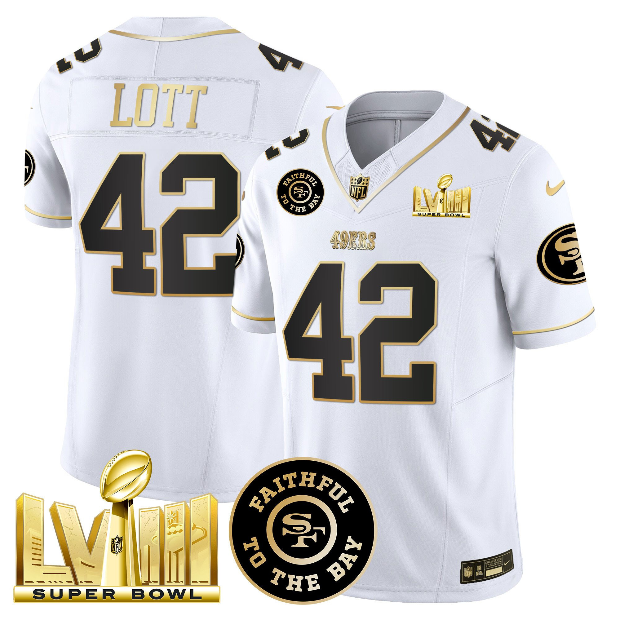 Ronnie Lott San Francisco 49ers Faithful & Super Bowl LVIII Gold Patch Vapor White Jersey - All Stitched