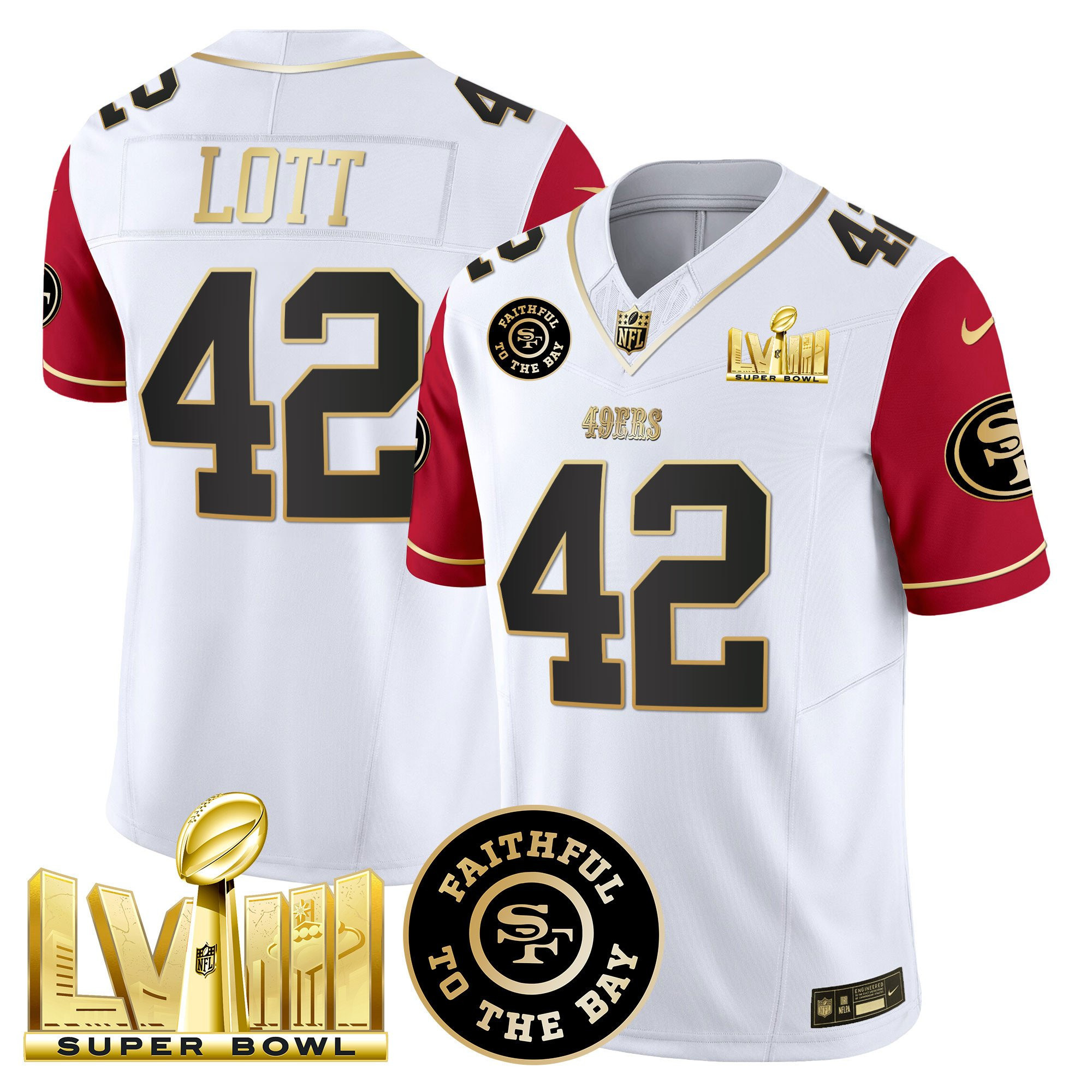 Ronnie Lott San Francisco 49ers Faithful & Super Bowl LVIII Gold Patch Vapor White/Red Jersey - All Stitched