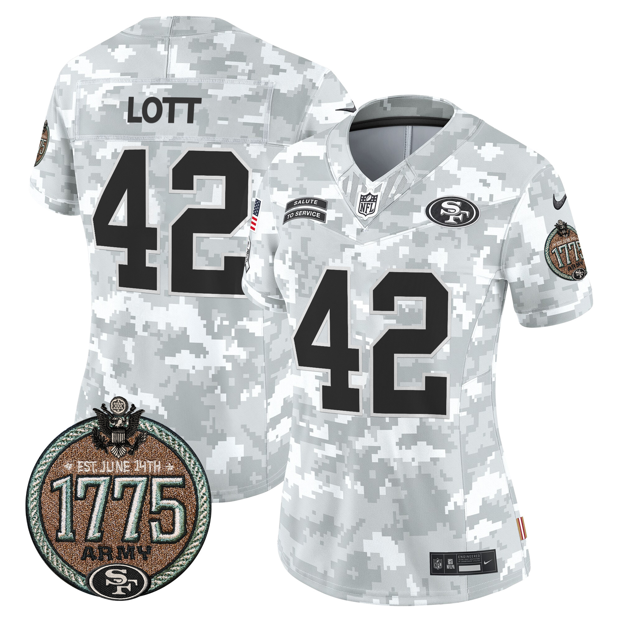 Ronnie Lott Women's San Francisco 49ers 2024 Salute to Service Establishment Year Patch Vapor Limited Army Jersey - All Stitched