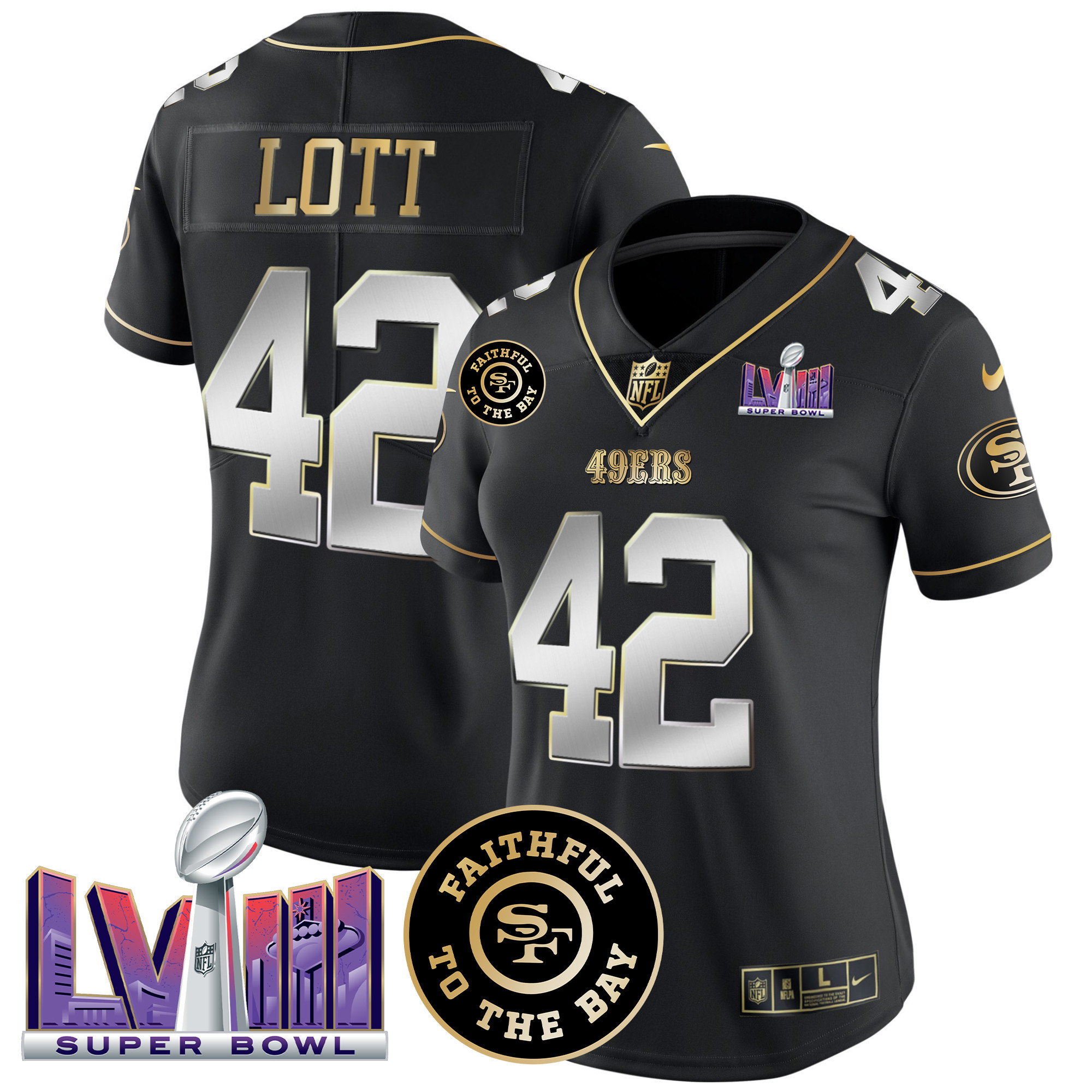 Ronnie Lott Women's San Francisco 49ers  Faithful & Super Bowl LVIII Patch Vapor Black Limited Jersey - All Stitched