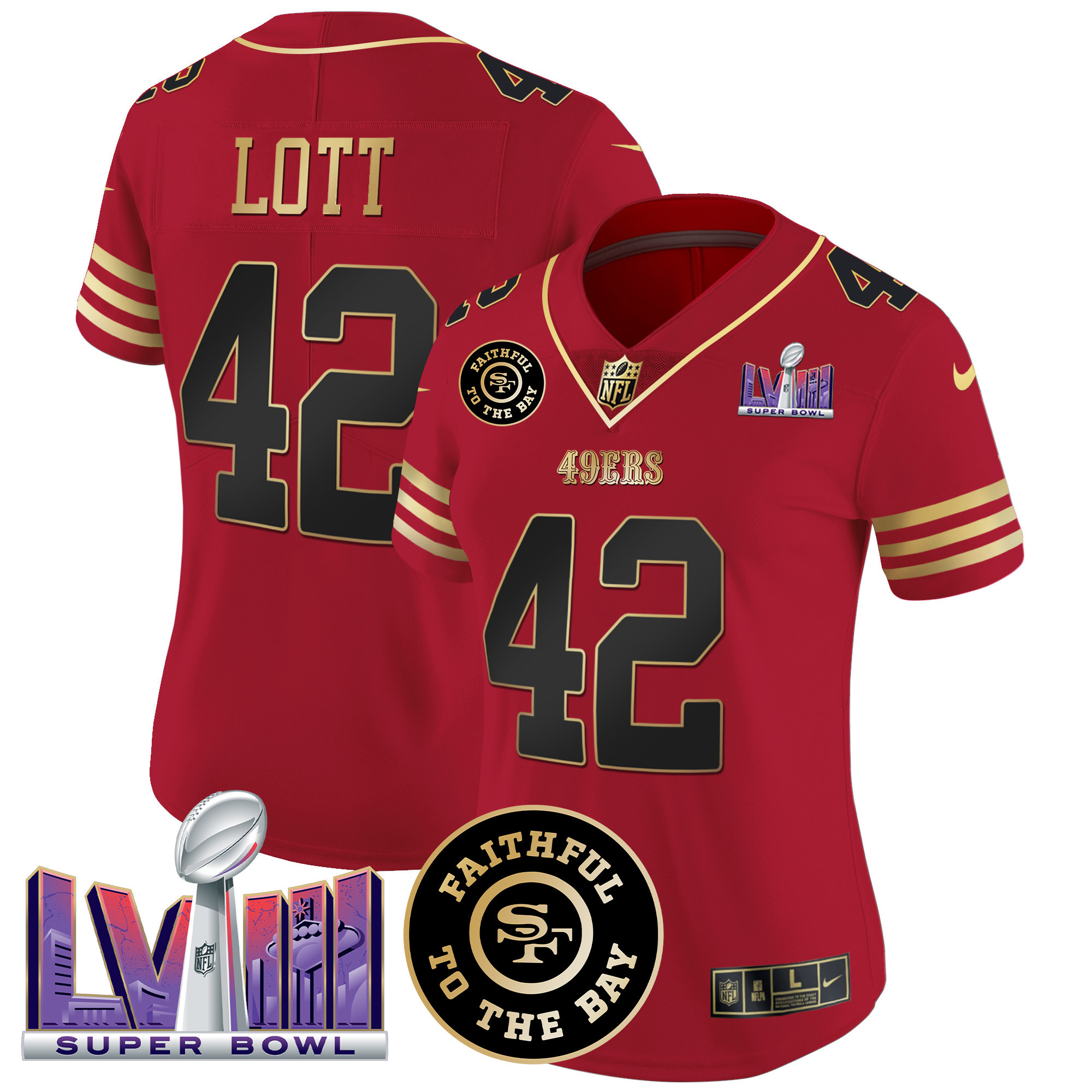 Ronnie Lott Women's San Francisco 49ers  Faithful & Super Bowl LVIII Patch Vapor Black Scarlet Jersey - All Stitched