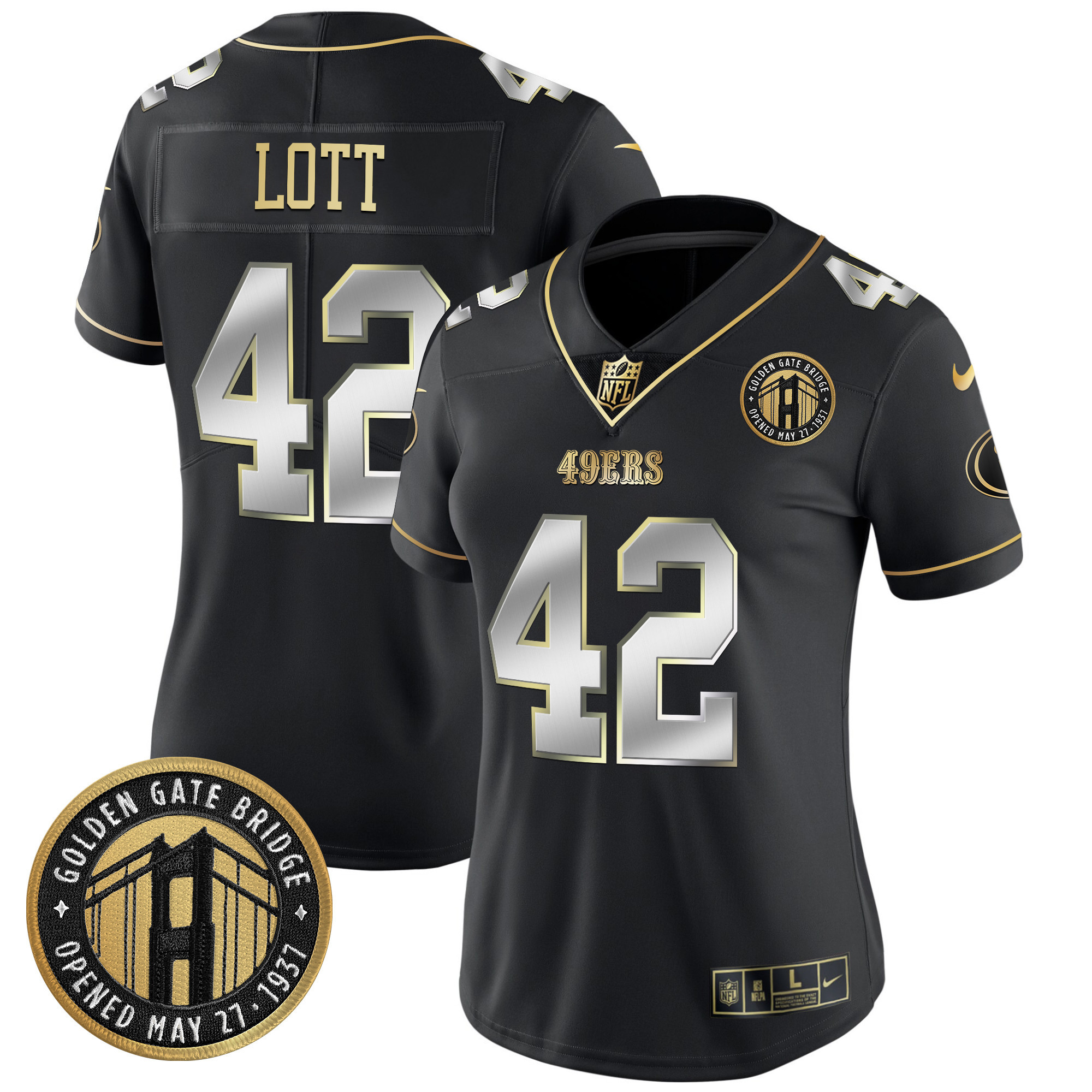 Ronnie Lott Women's San Francisco 49ers Golden Gate Bridge Patch Vapor Limited Black Limited Jersey - All Stitched