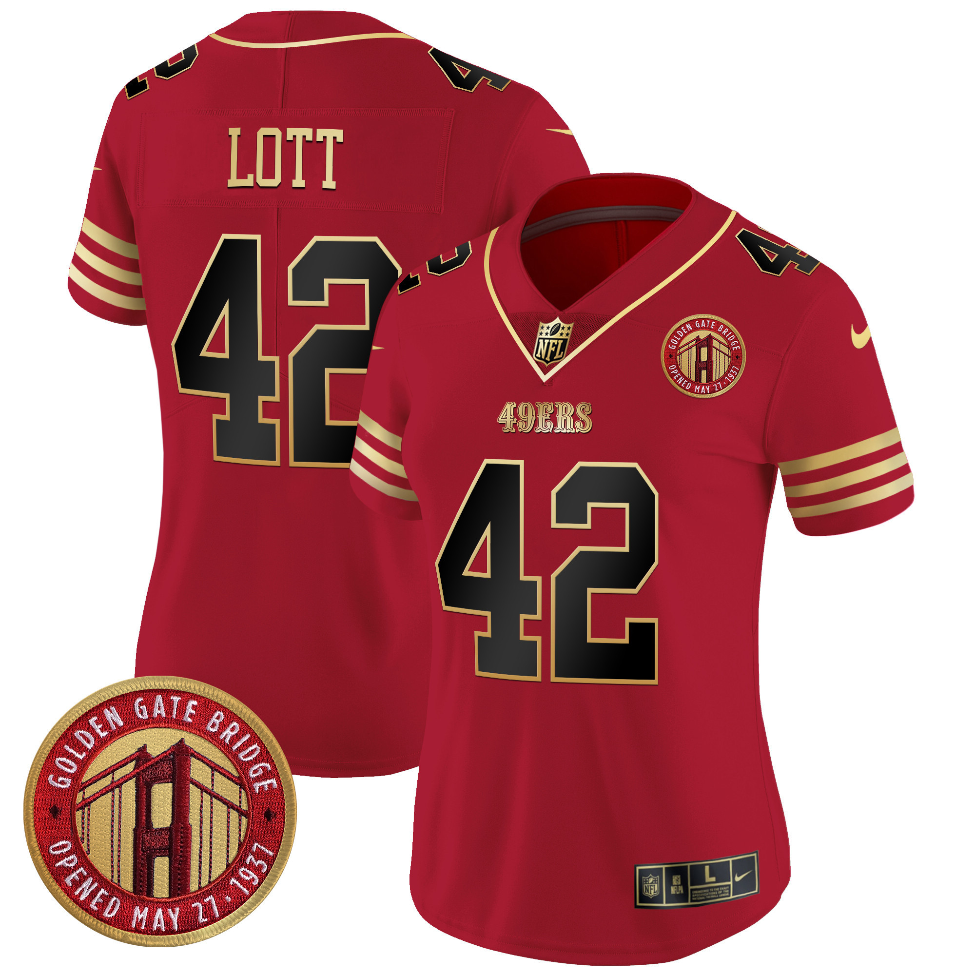 Ronnie Lott Women's San Francisco 49ers Golden Gate Bridge Patch Vapor Limited Black Scarlet Jersey - All Stitched