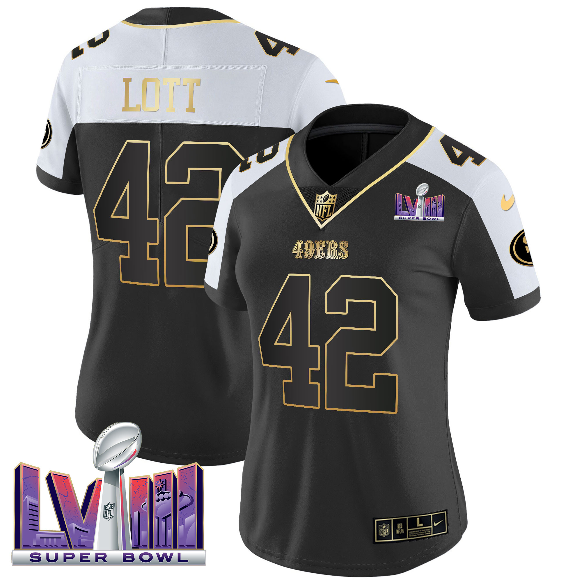 Ronnie Lott Women's San Francisco 49ers  Super Bowl LVIII Patch Vapor Black Alternate Jersey - All Stitched