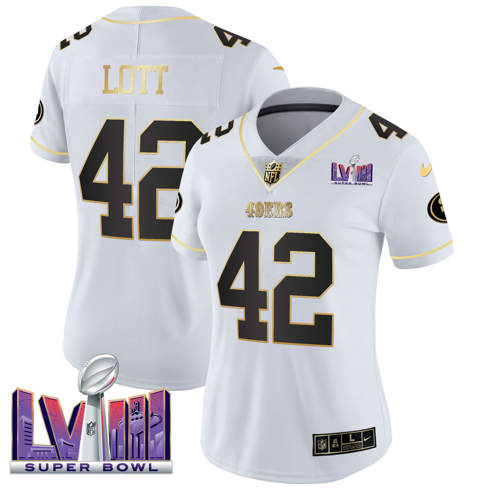 Ronnie Lott Women's San Francisco 49ers  Super Bowl LVIII Patch Vapor White Gold Jersey - All Stitched