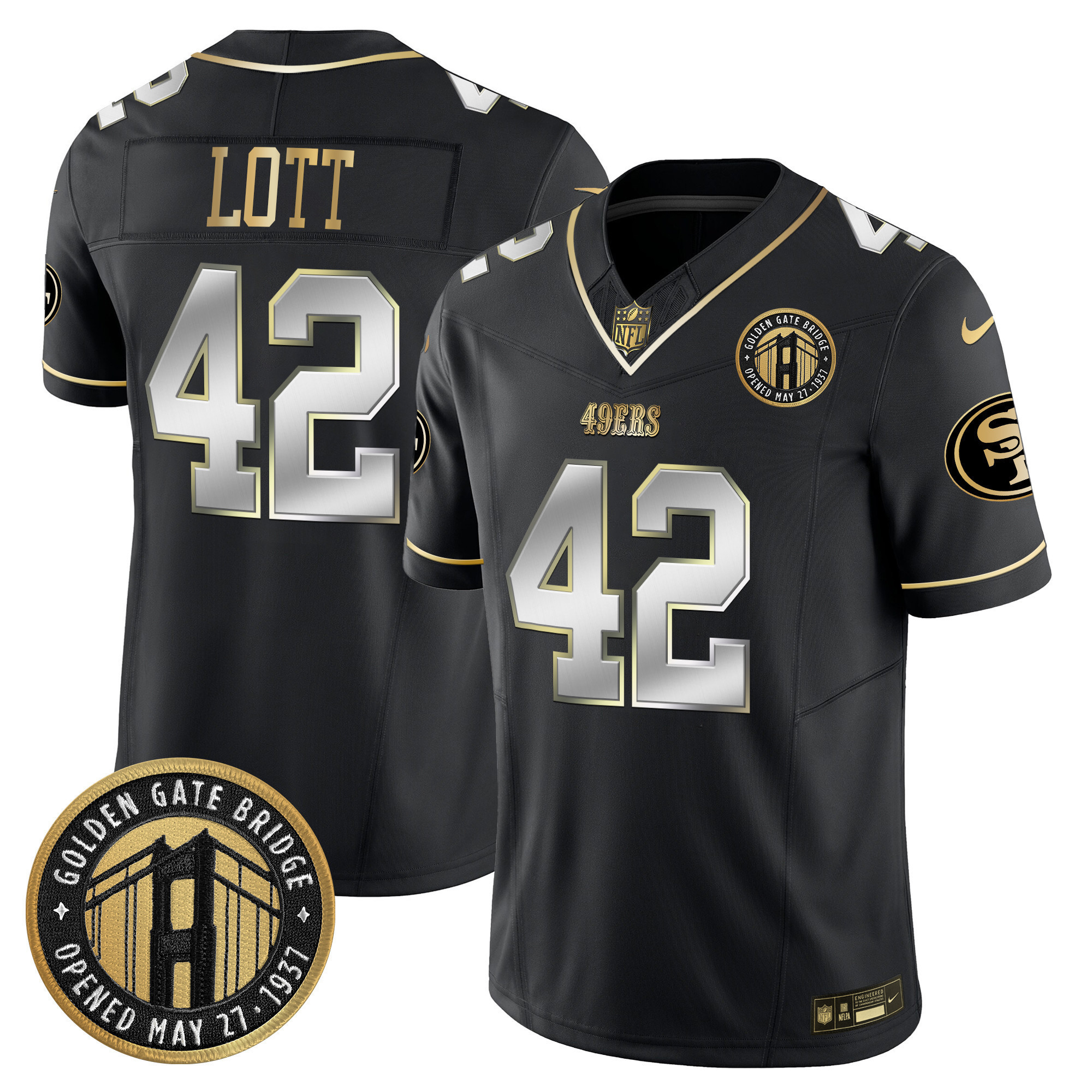 Ronnie Lott Youth's San Francisco 49ers Golden Gate Bridge Patch Vapor Limited Black Limited Jersey - All Stitched