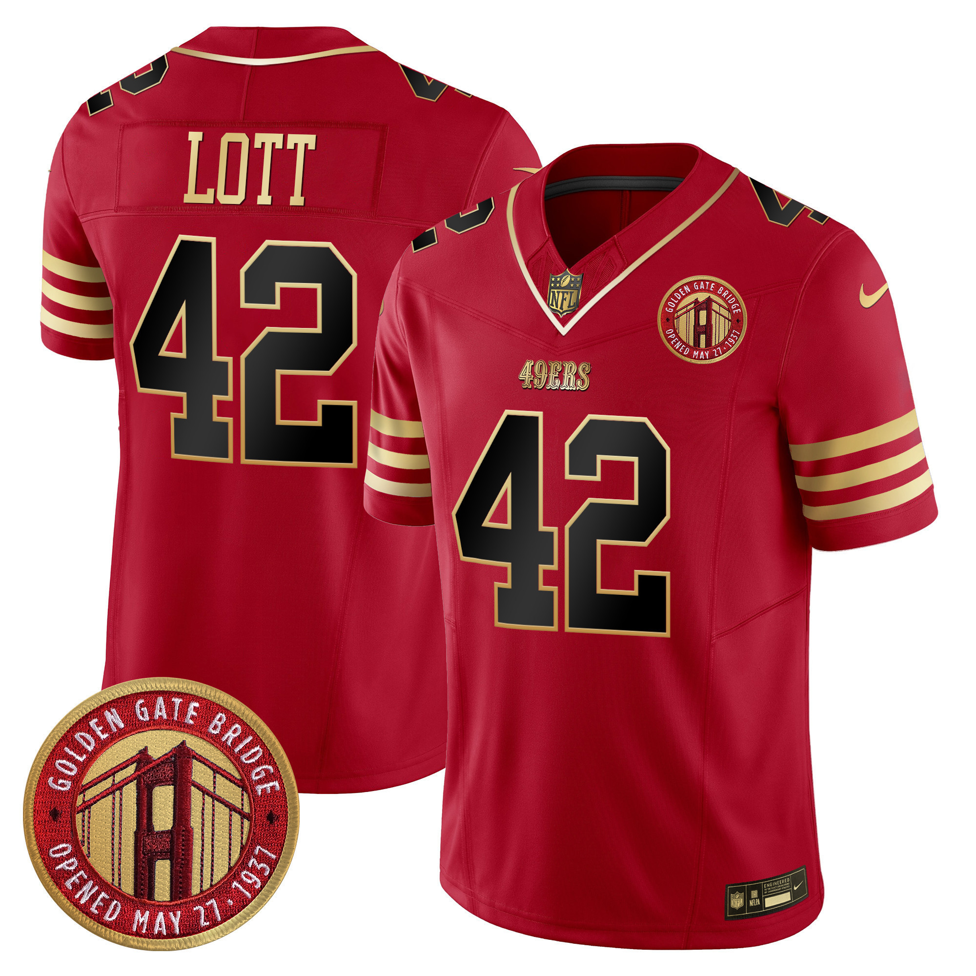 Ronnie Lott Youth's San Francisco 49ers Golden Gate Bridge Patch Vapor Limited Black Scarlet Jersey - All Stitched
