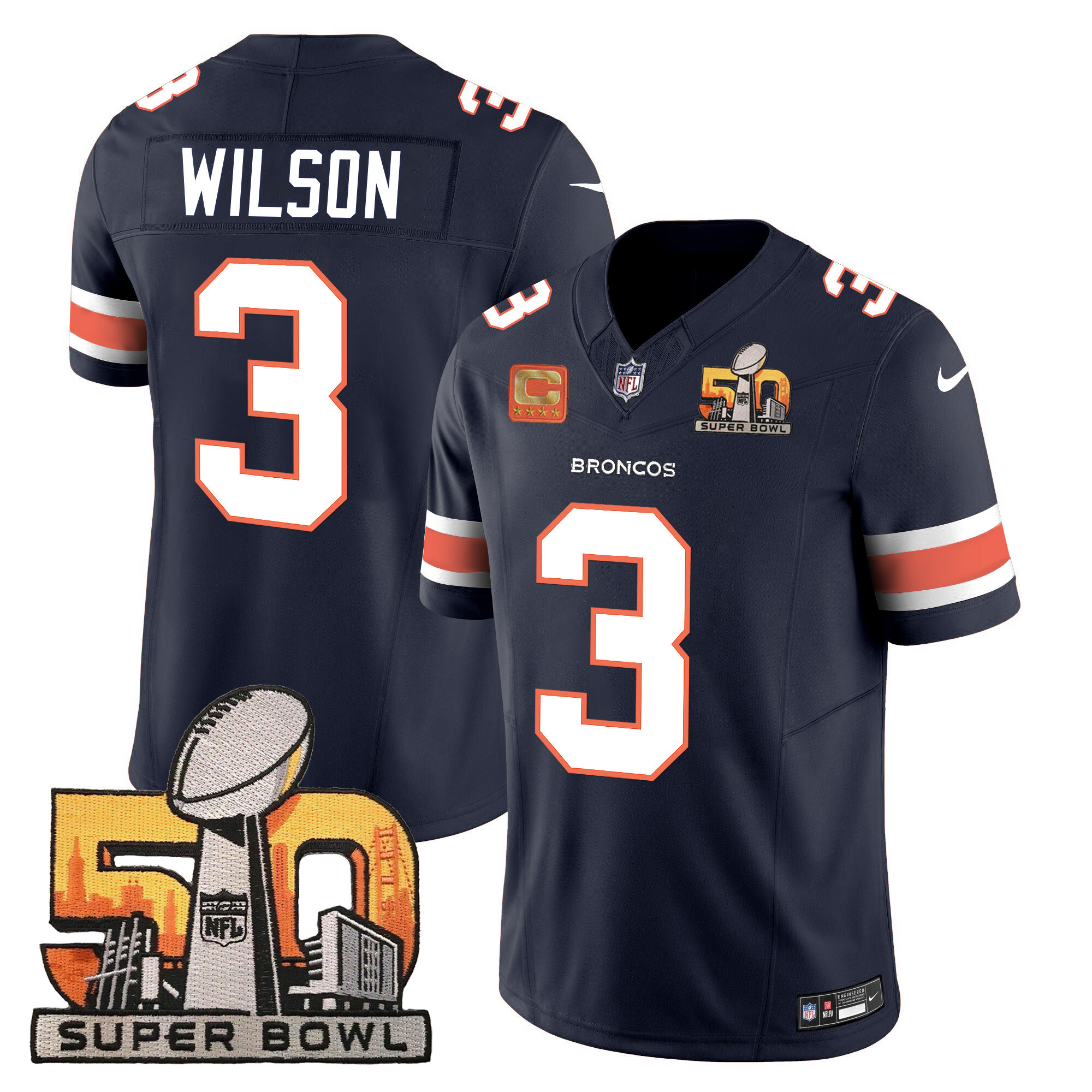 Russell Wilson Men's Denver Broncos Super Bowl 50 Patch Vapor Navy Jersey - All Stitched
