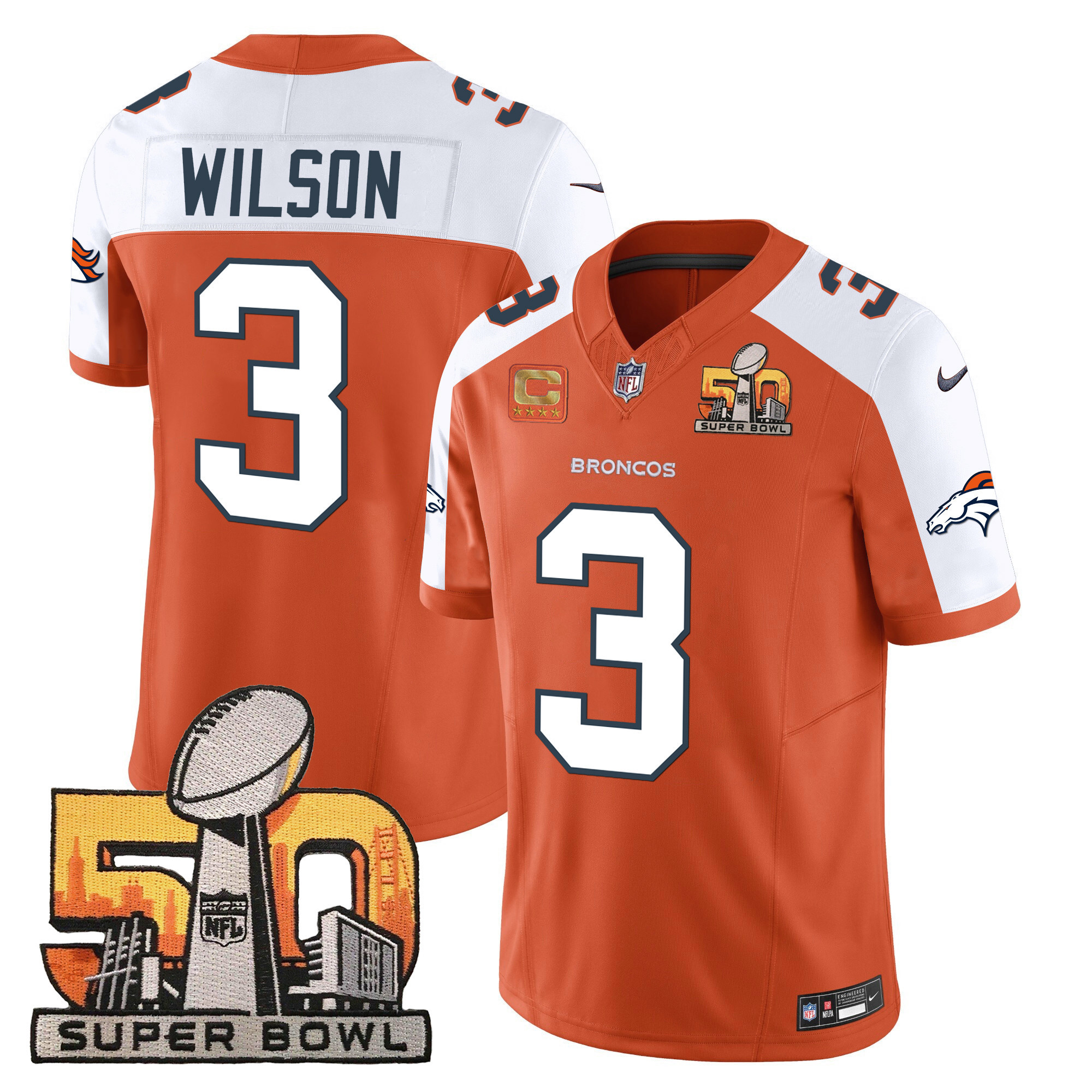 Russell Wilson Men's Denver Broncos Super Bowl 50 Patch Vapor Orange Alternate Jersey - All Stitched